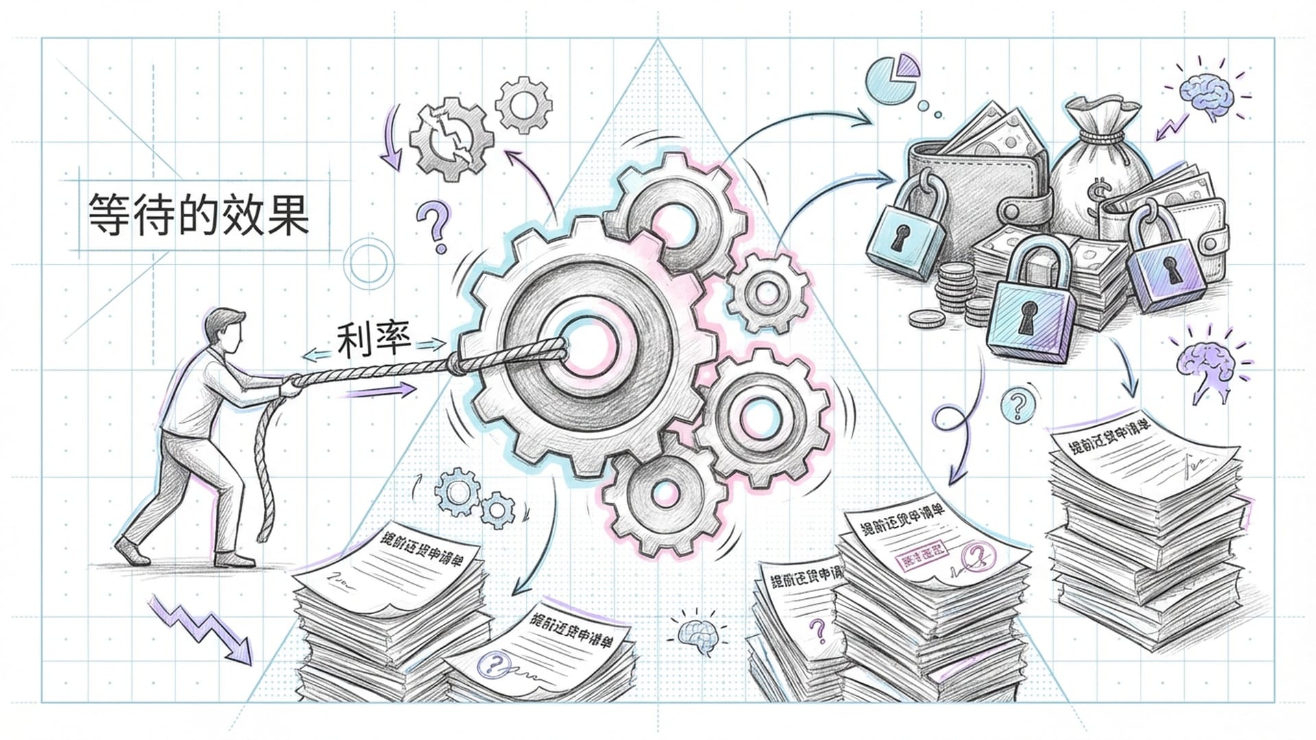 一个巨大的发光齿轮被一根绳子（代表利率）在推，但齿轮一动不动，背景是各种锁上的钱包和提前还贷的申请单。