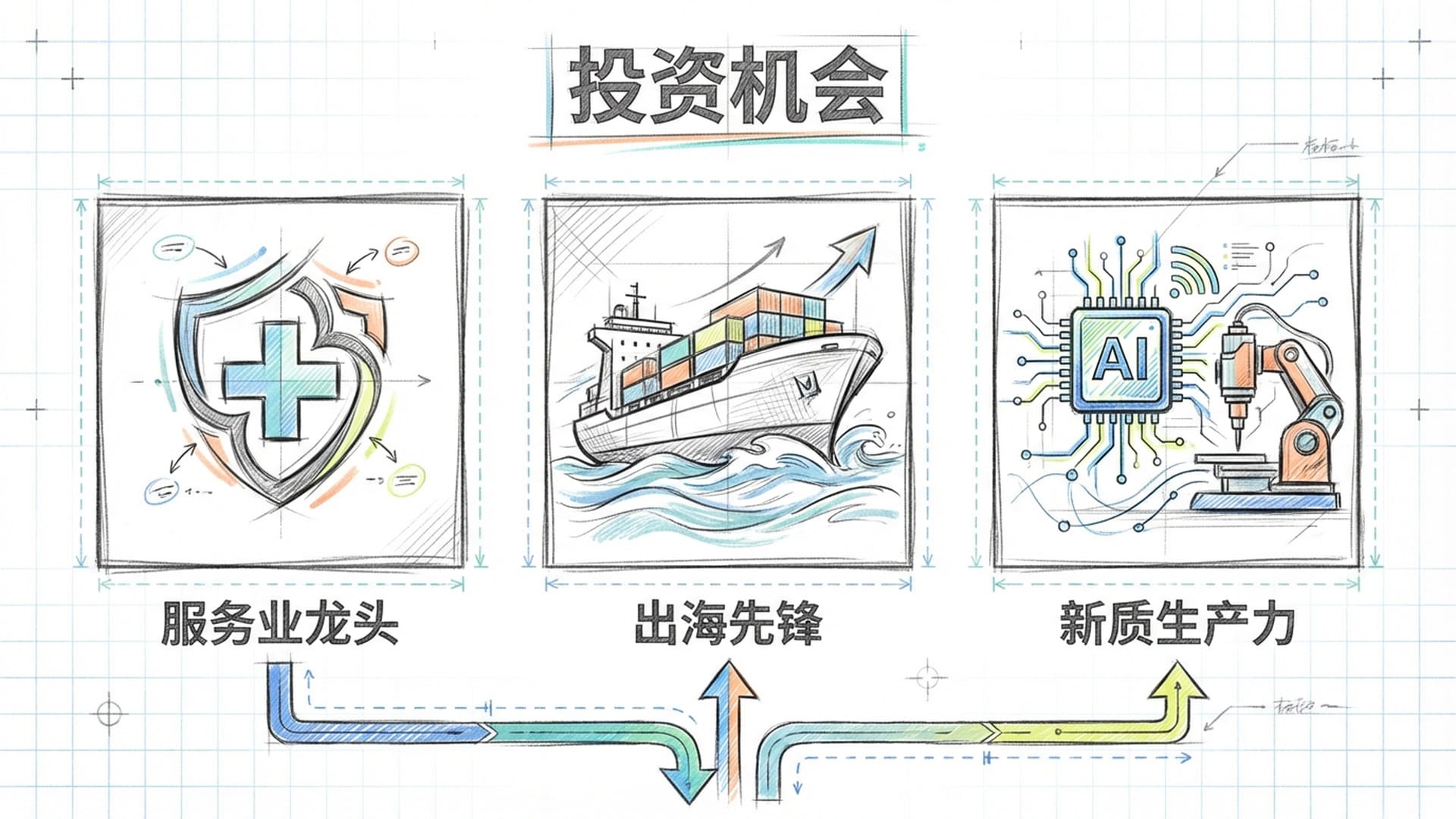 一个三向箭头指向地图的不同方块：1.服务业龙头（图标为医疗/品牌），2.出海先锋（图标为货船），3.新质生产力（图标为AI芯片/机床）。