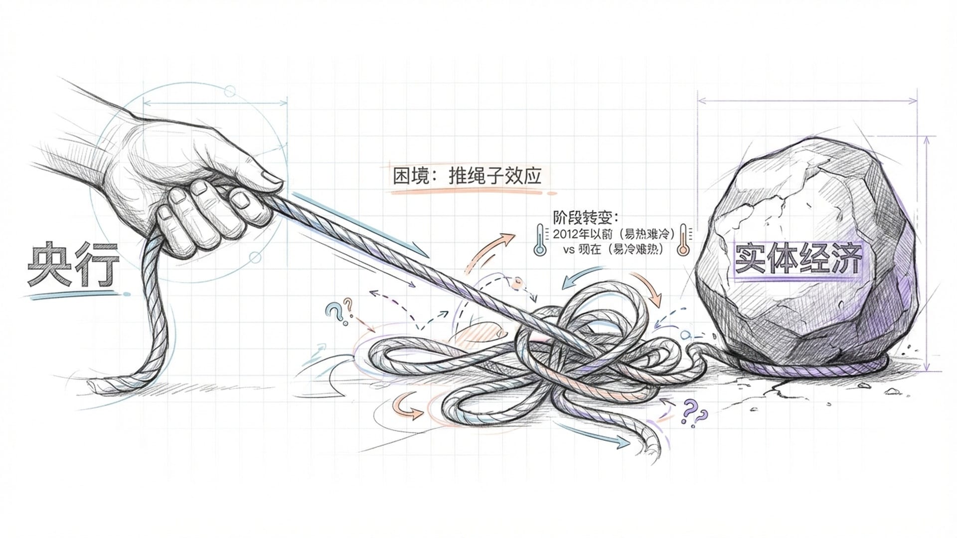一个复杂的绳索系统图，一端印着“央行”，绳子在无力地向前堆积。另一端是一个沉重的石块，上面写着“实体经济”。