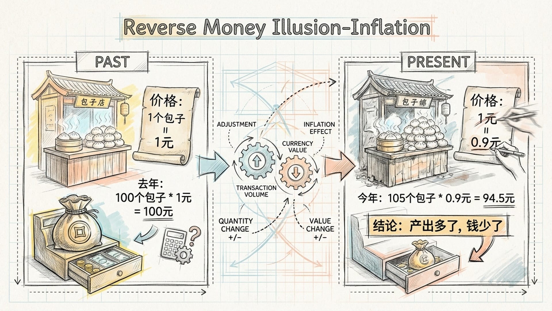 包子店的插画，一个案板上的包子堆增加，但旁边的价目表正在从1元被抹去改为0.9元，收银箱里的钱袋在缩小。