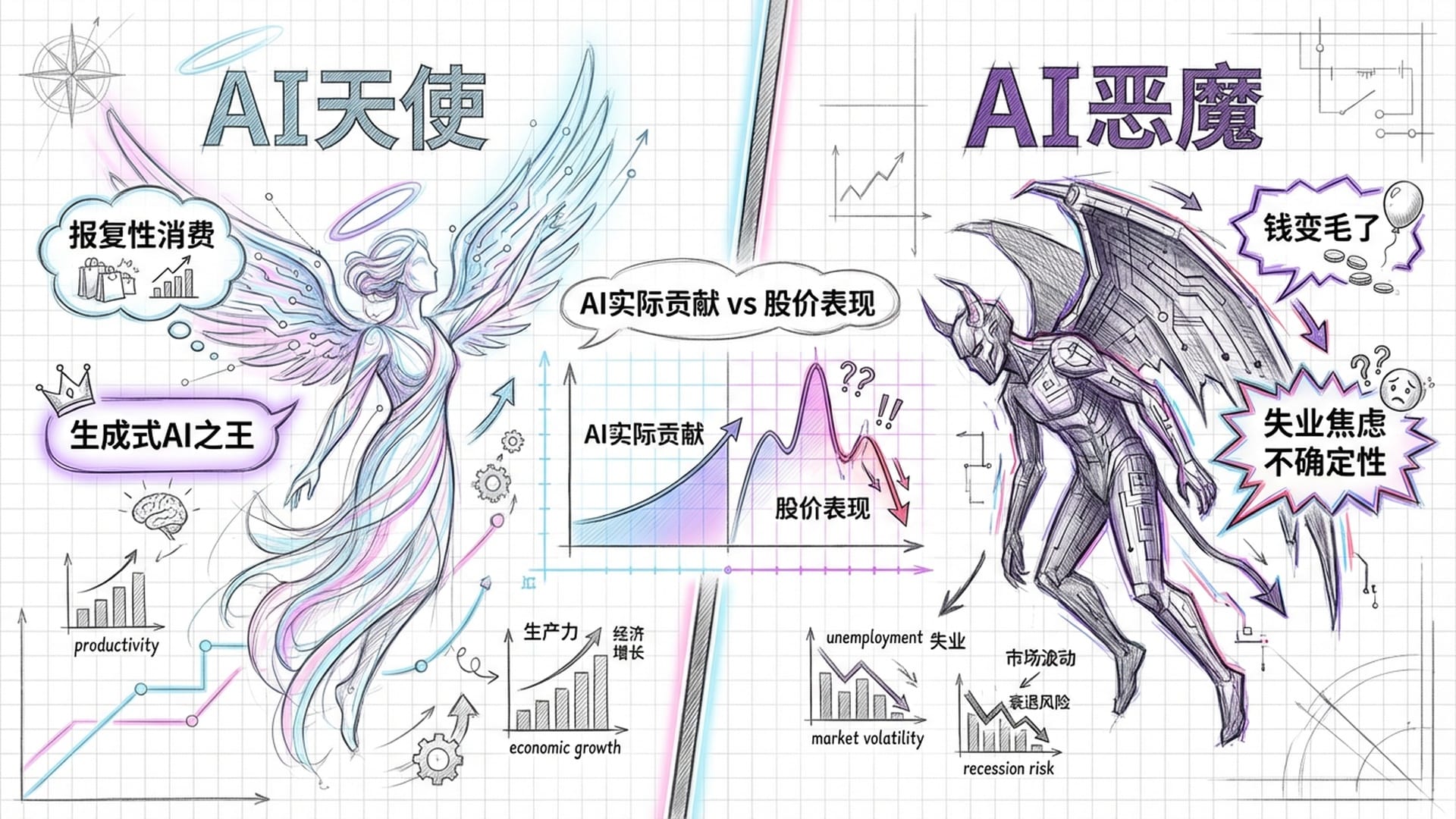 2024年的数字图谱，一半是发光的AI天使（生产力），一半是带有阴影的AI恶魔（失业焦虑）。