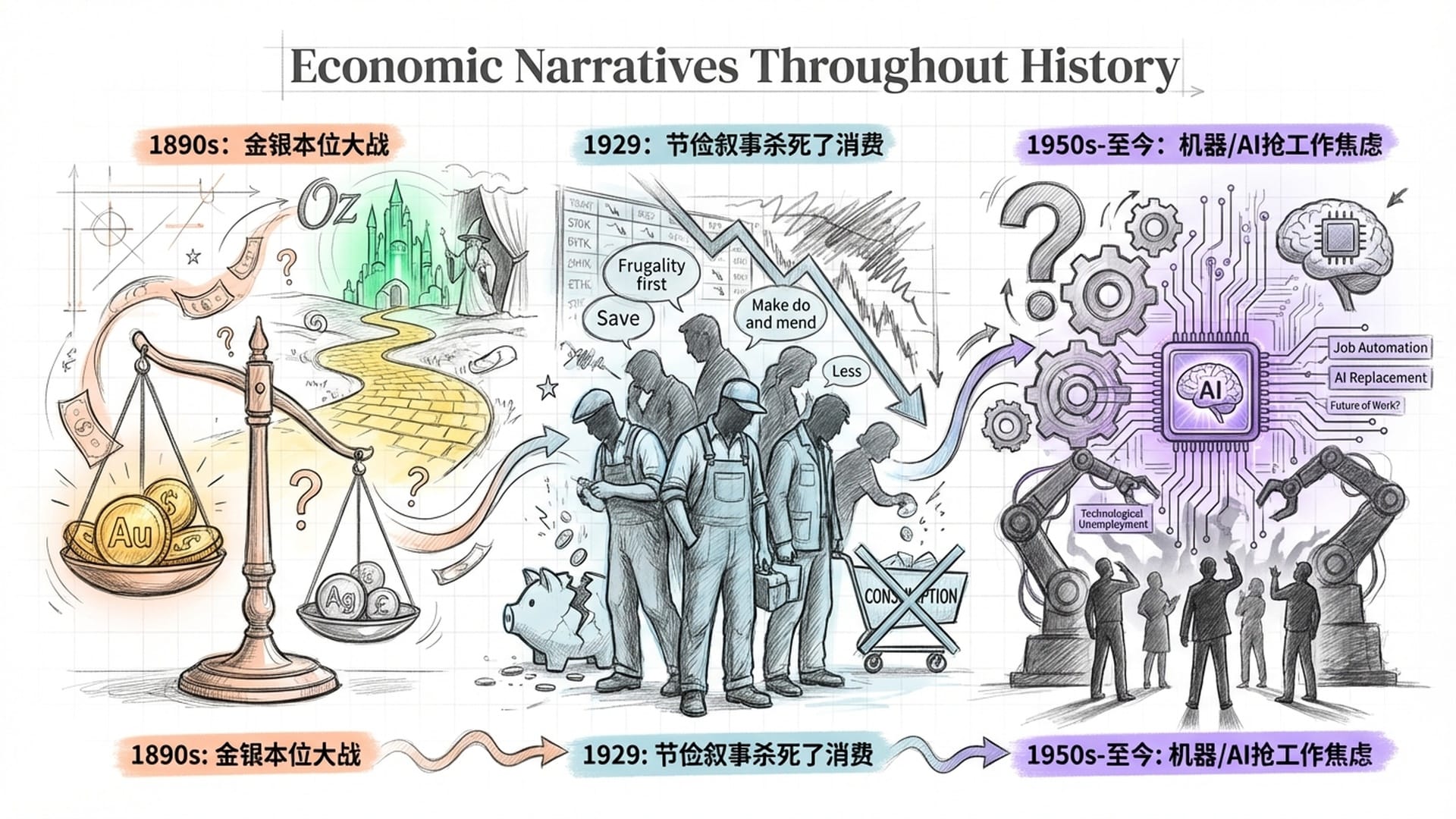 金币与银币交叉的符号，背景是《绿野仙踪》的奥兹国路径，叠加1929年人们穿蓝领工装的剪影。