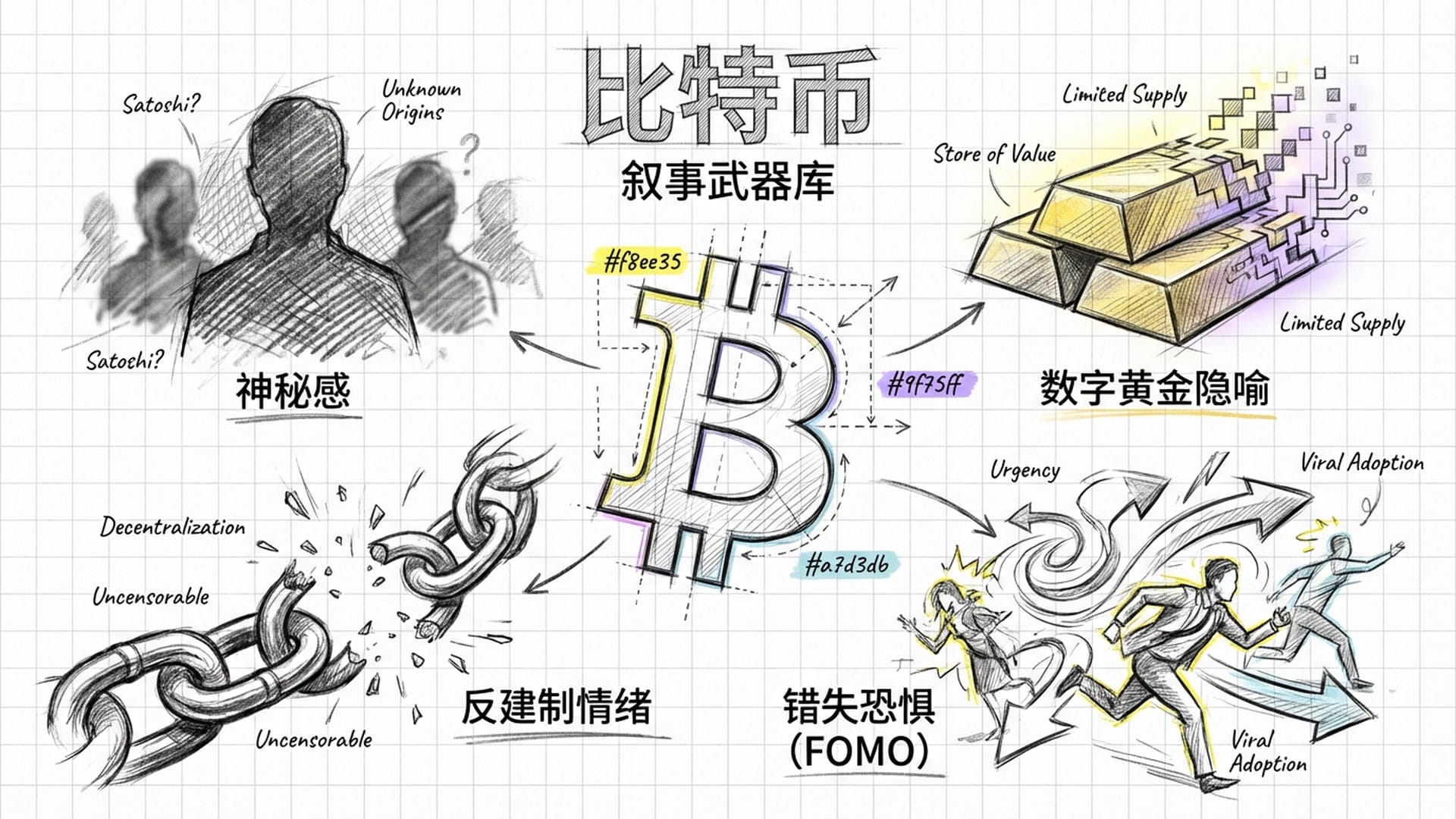比特币符号位于中心，周围环绕着神秘的中本聪剪影、金砖映射、和被打破的锁链。