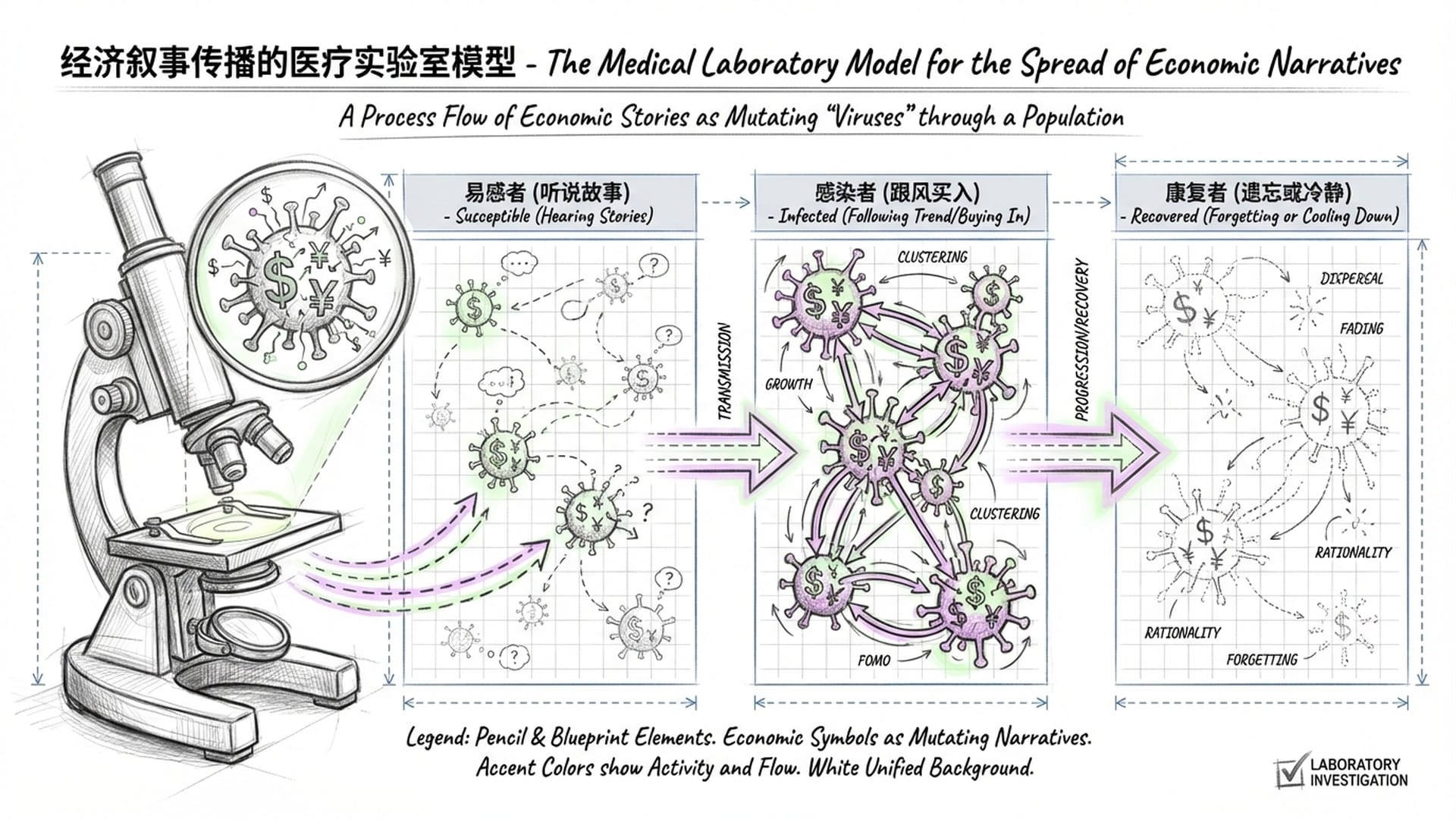 医学实验室风格，显微镜下的病毒变体实际上是经济符号（$、¥），展示传染、感染、康复的过程。