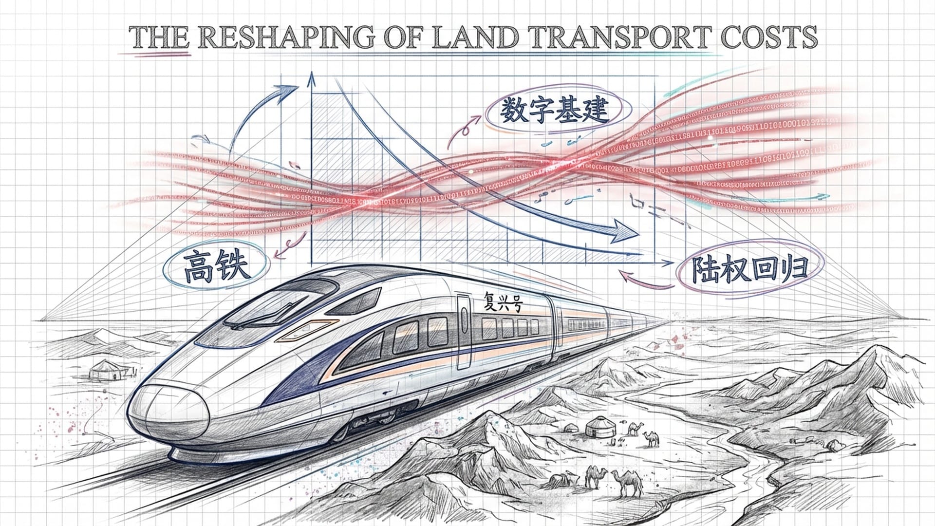 高速铁路在荒芜的地区穿梭，背景是动态成本曲线