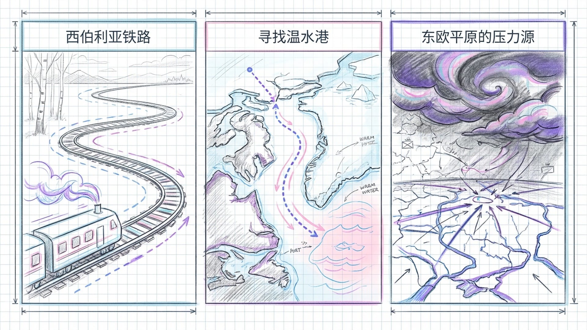 西伯利亚铁路贯穿广袤土地，东欧平原水系交织，阴云笼罩