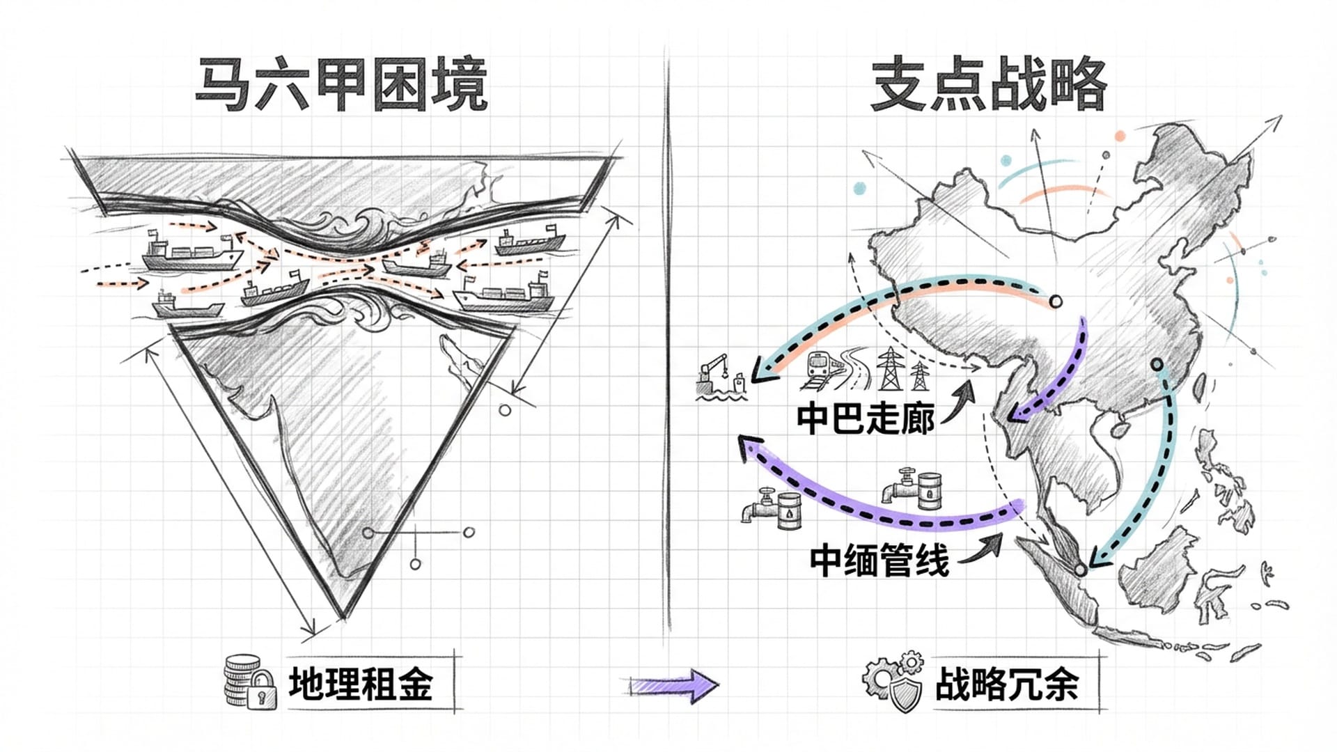 印度洋的战略地图，马六甲海峡狭窄，中巴走廊和中缅管线被点亮
