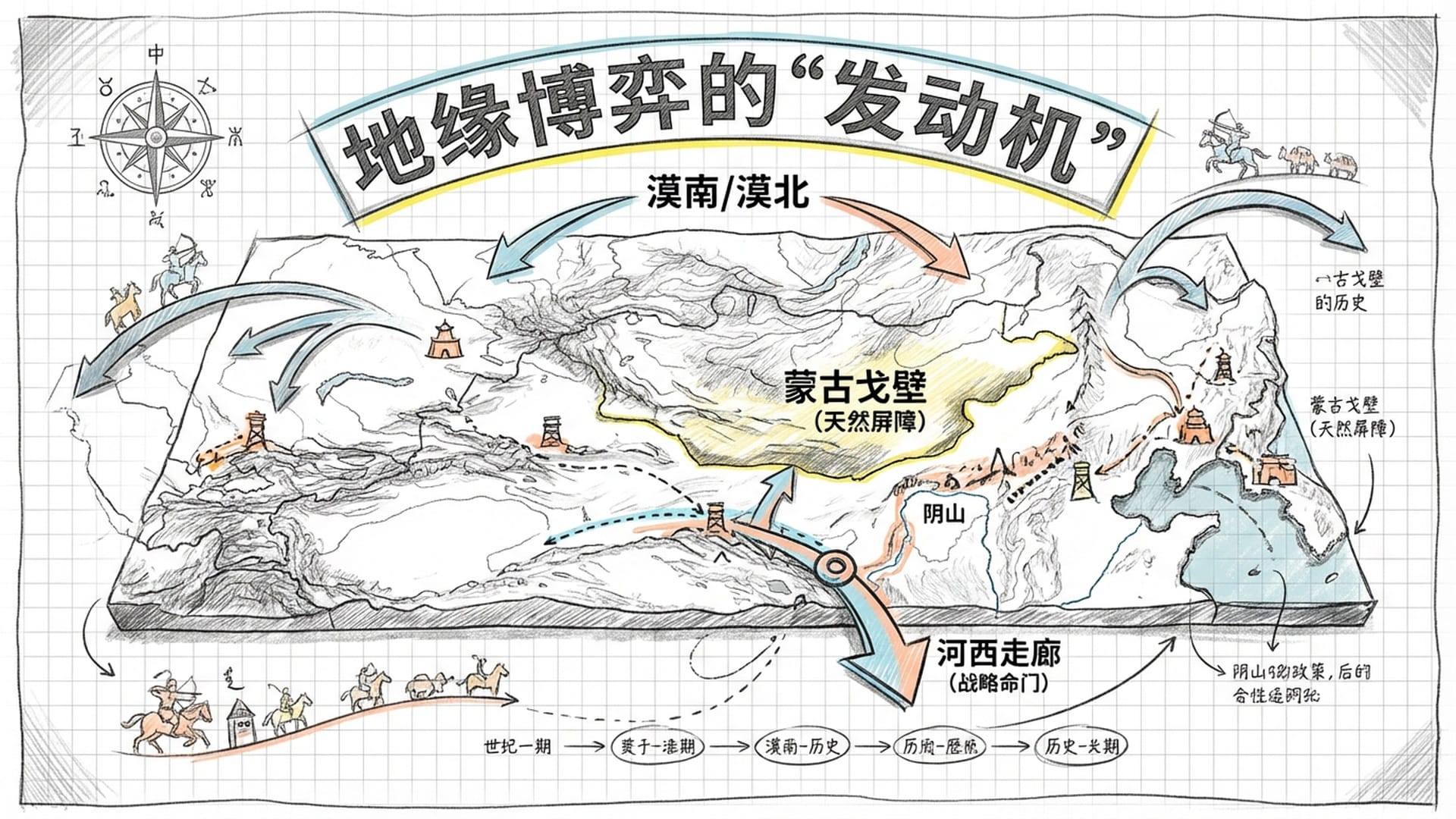 蒙古高原与中亚地形模型，阴山、河西走廊等关键地理位置高亮