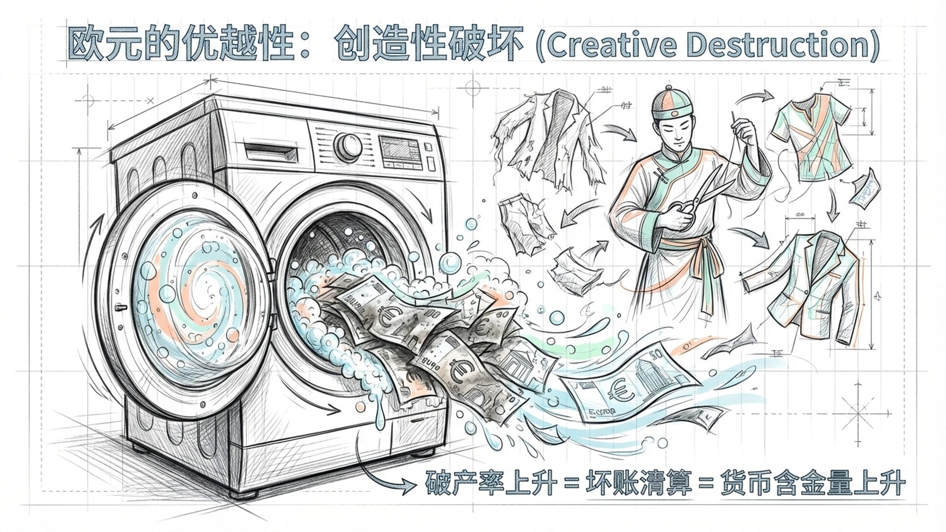 A washing machine cleaning dirty Euro banknotes, shrinking them but making them bright. China 're-styling' old clothes (debt) in the background.