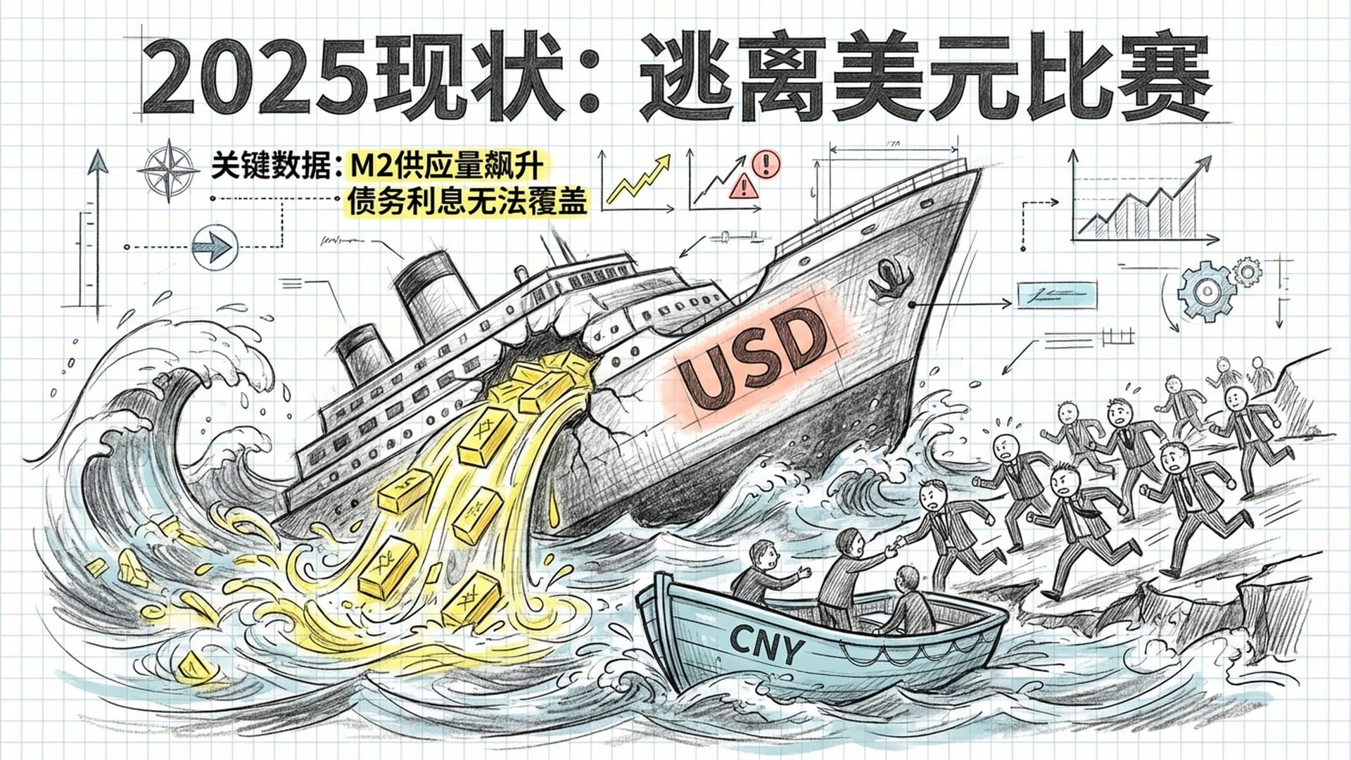 A sinking ship labeled 'USD' with gold bars leaking into the water. A crowd of investors running toward a lifeboat labeled 'CNY'.
