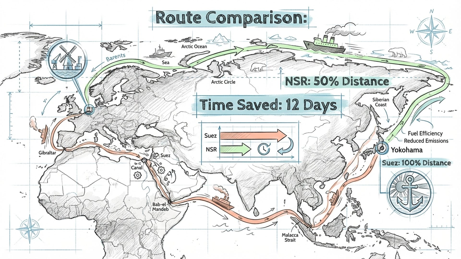 Comparison map showing Suez Canal vs. Northern Sea Route (NSR); ship travel paths illustrated with glowing lines.