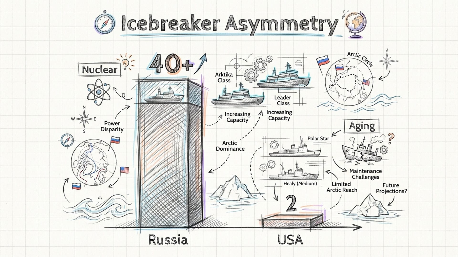 Bar chart showing the massive disparity in Icebreaker counts between Russia and the USA.