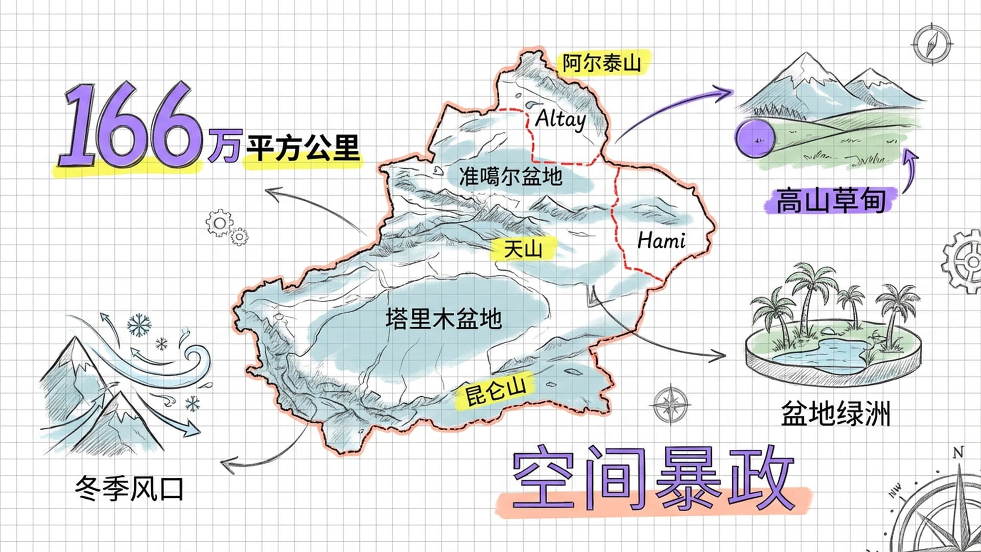 新疆地貌地图，标注“三山夹两盆”，用红色的线条勾勒出阿勒泰、哈密等超大面积区域的地理界限。