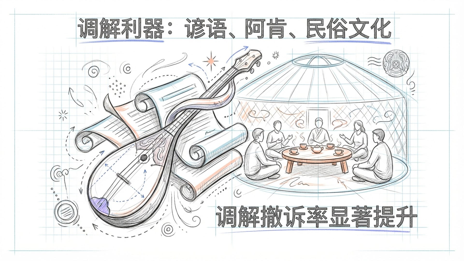 抽象的哈萨克族乐器冬不拉与法律卷宗的融合，背景是融洽的奶茶谈话氛围。