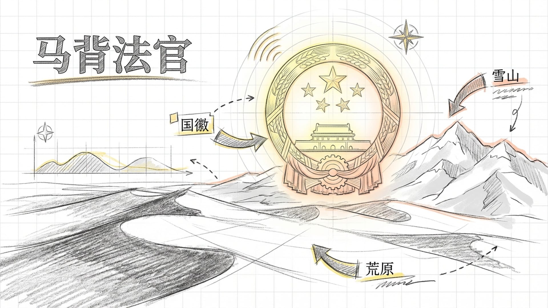 一个巨大的发光国徽悬浮在广袤的荒漠与雪山交界处，象征着现代文明符号与原始野性环境的剧烈碰撞。