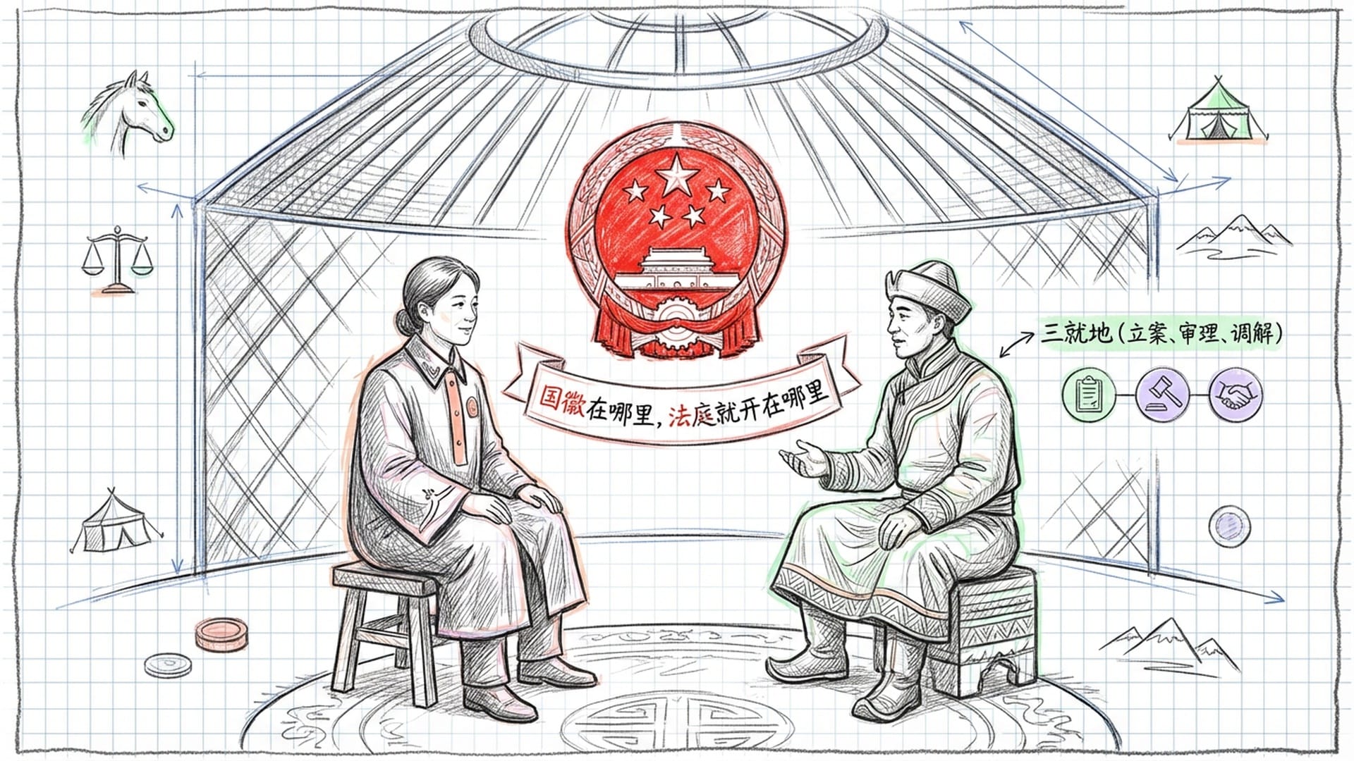 在漏风的简易毡房里，一面鲜红的国徽挂在中央，法官坐在小板凳上，与穿着民族服饰的牧民平等对话。