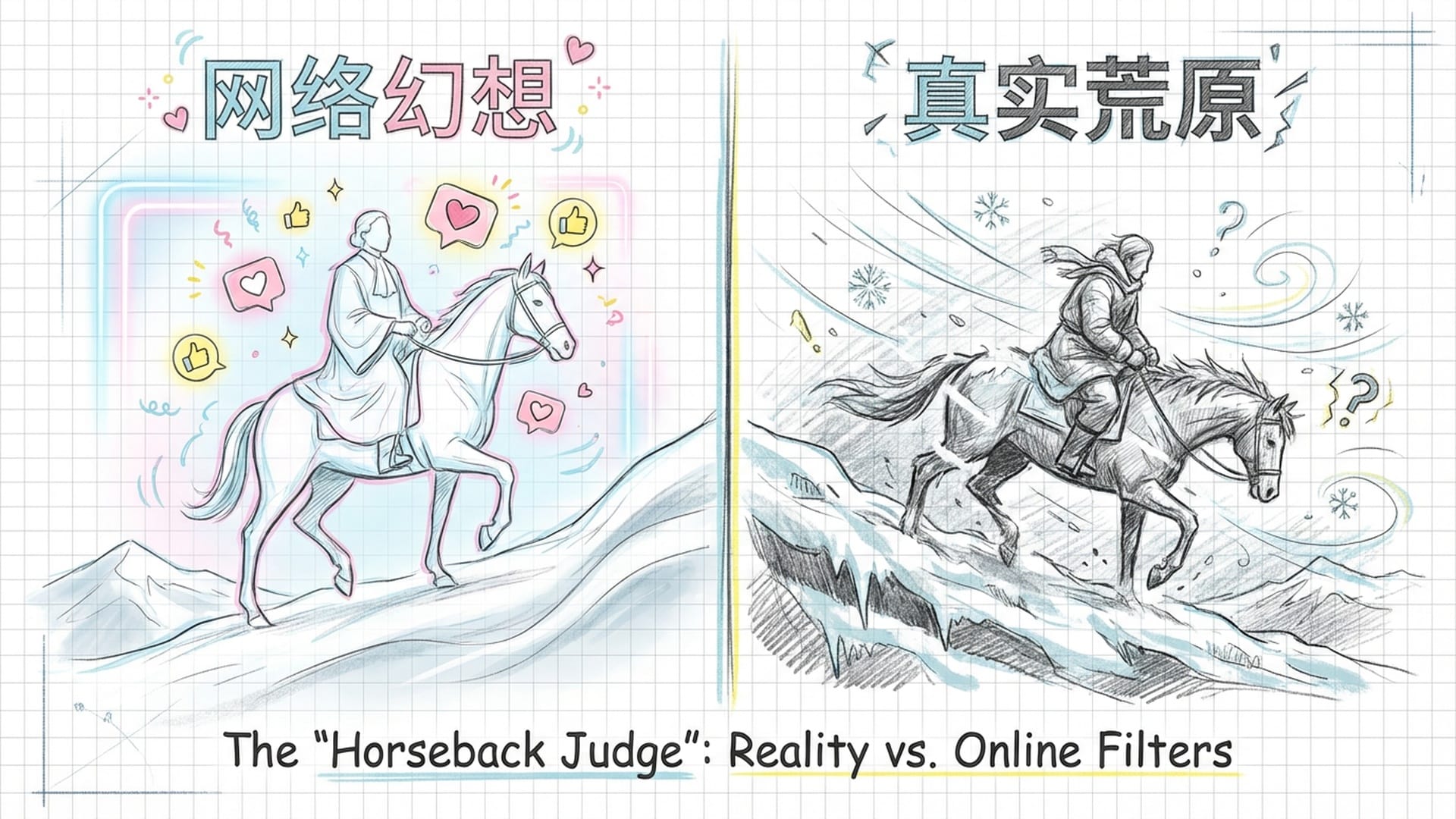 复古画报风格：一名背着国徽的法官在漫天大雪的山脊上策马而行，周围伴随着点赞和爱心的图标，形成现实与网络滤镜的对比。