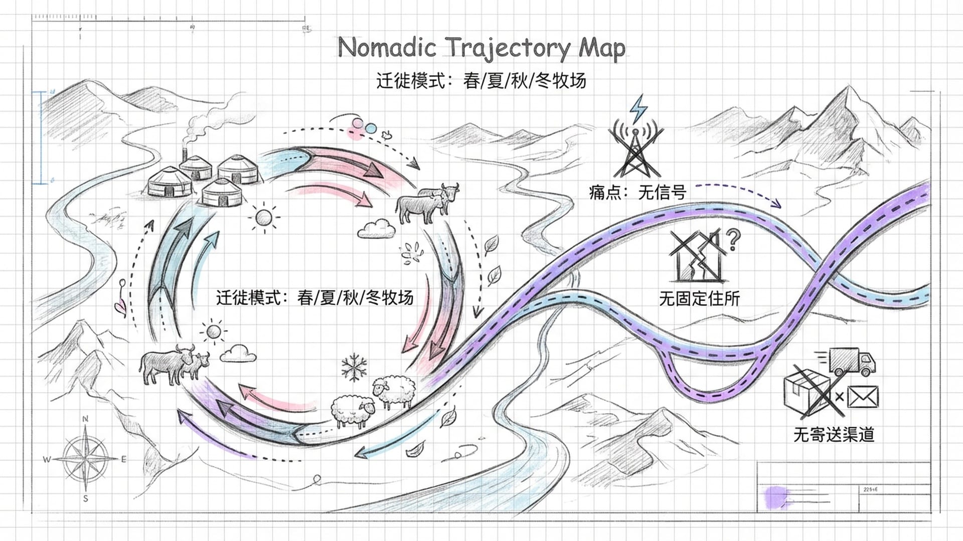 一幅游牧轨迹图：牧民带着帐篷、牛羊在季节交替中移动的动态意向图，以及法官马不停蹄的追踪路线。