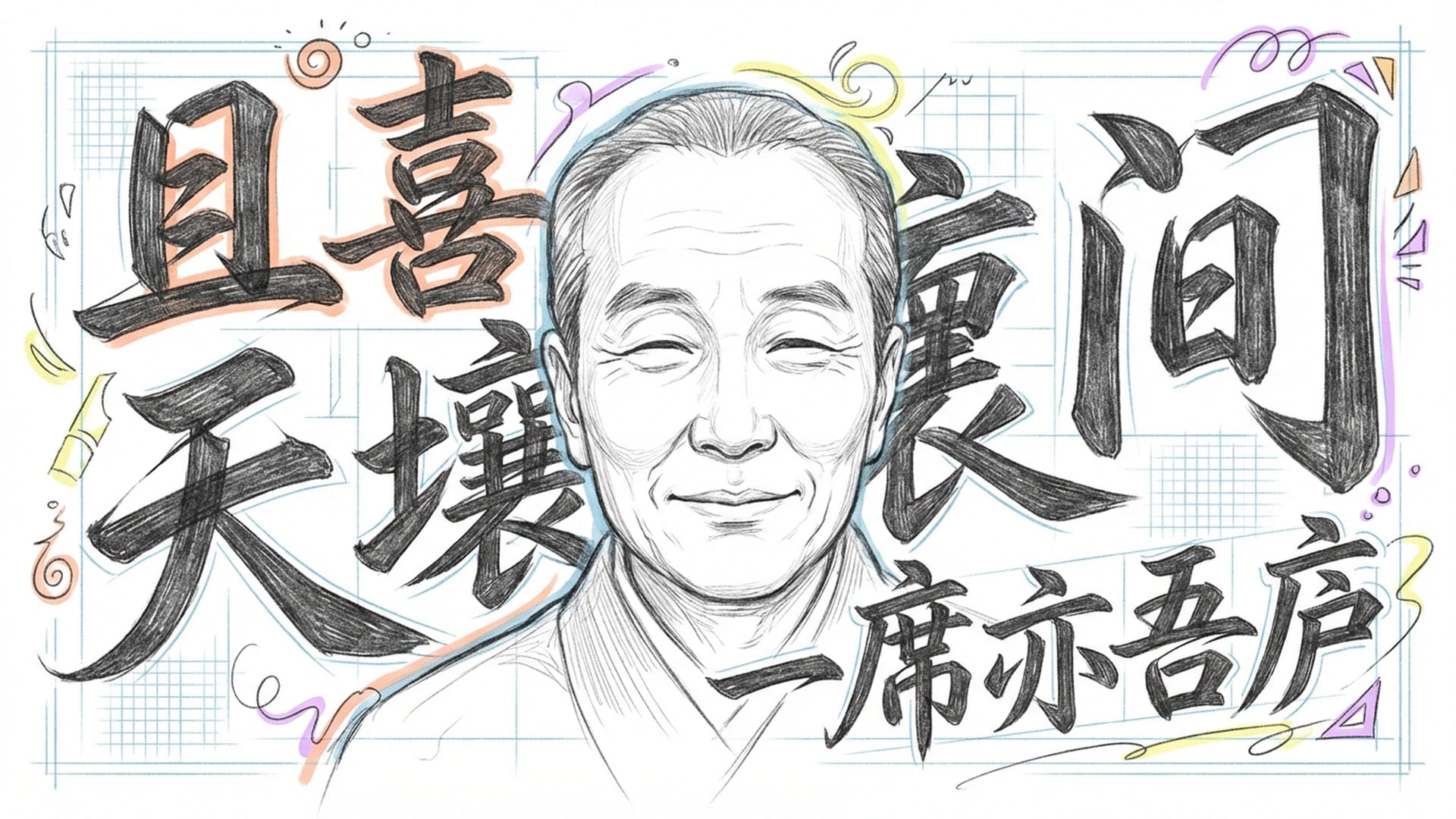 苏轼的面部特写，神情淡定自若。背景是巨大的汉字书法“且喜天壤间，一席亦吾庐”。