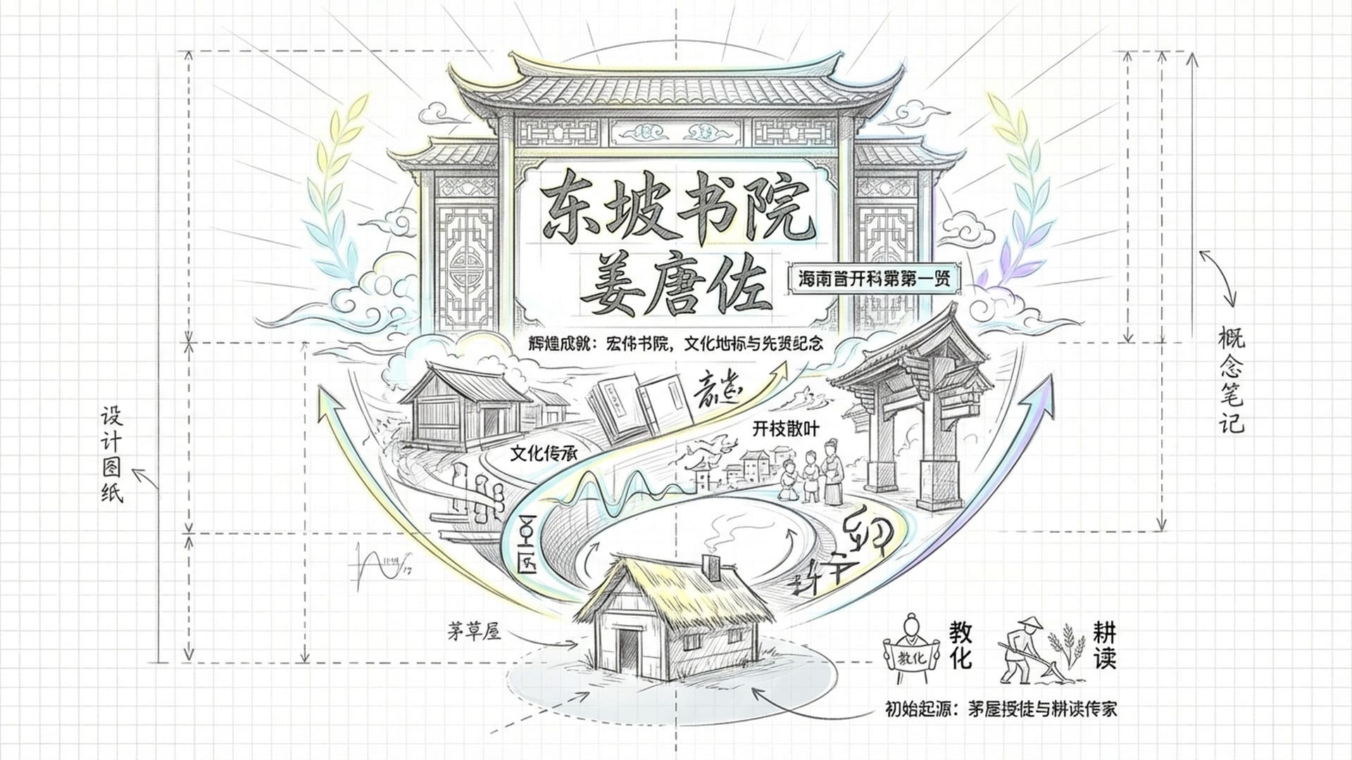 从低矮的茅草屋缓缓升华为一座宏大的屏风，上面刻着“东坡书院”和海南第一个举人的名字。