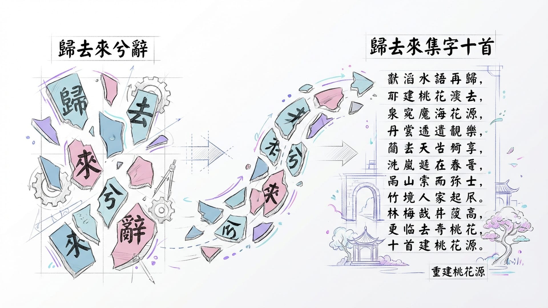 展示陶渊明文字集锦被拆散并重新拼贴成苏轼诗作的过程，类似抽象拼图。