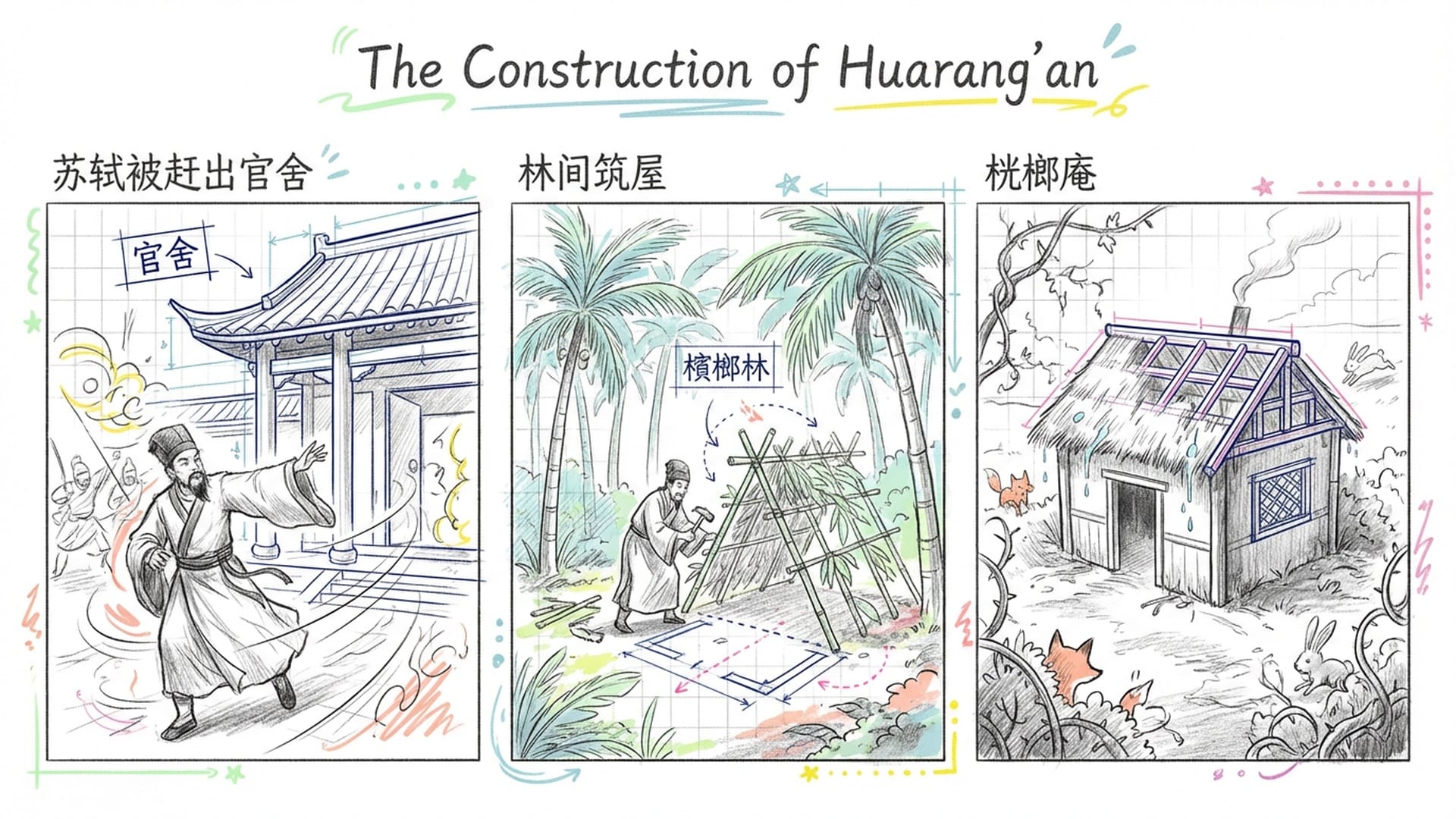 多面板漫画风格展现：第一格苏轼被赶出官舍，第二格他在林间筑屋，第三格漏雨的茅草屋“桄榔庵”。