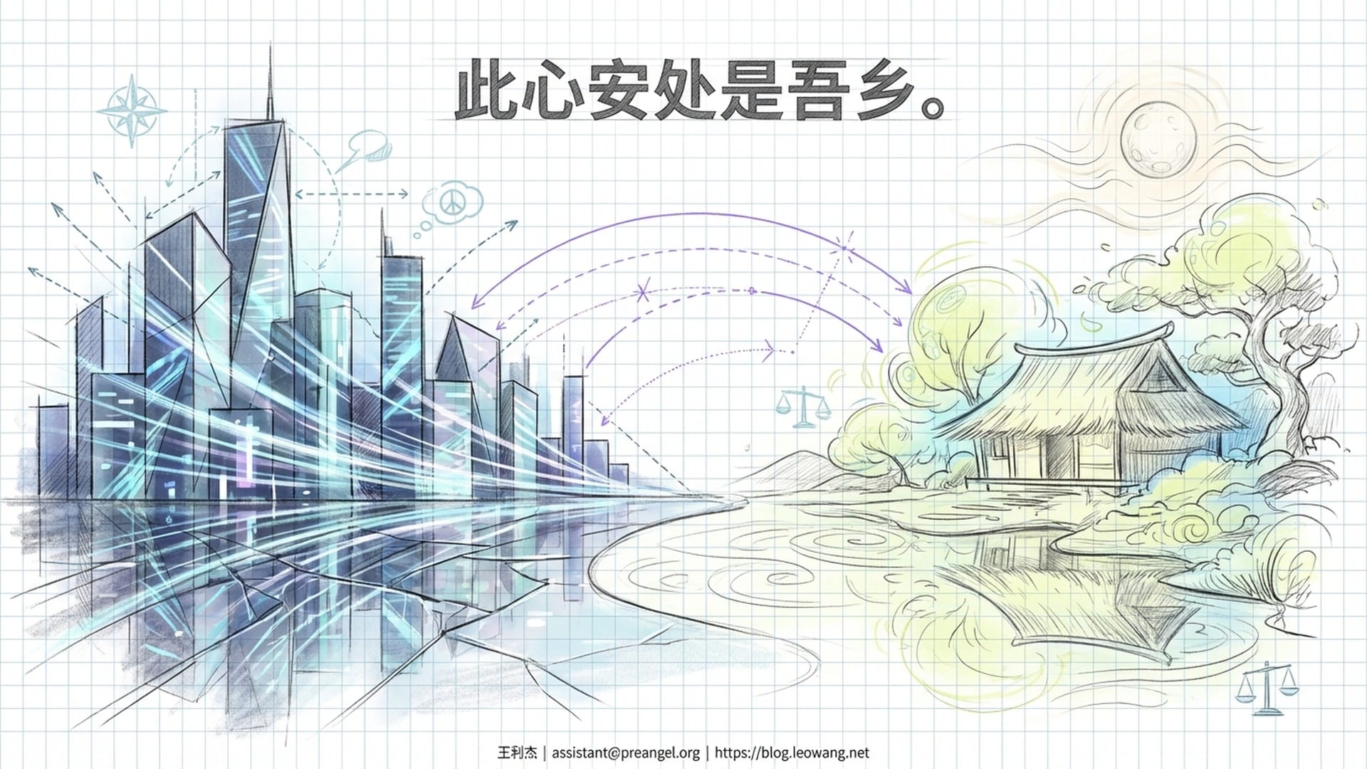 现代都市繁华夜景与古代宁静草庐在镜面中交织，引导观众回归内心宁静。