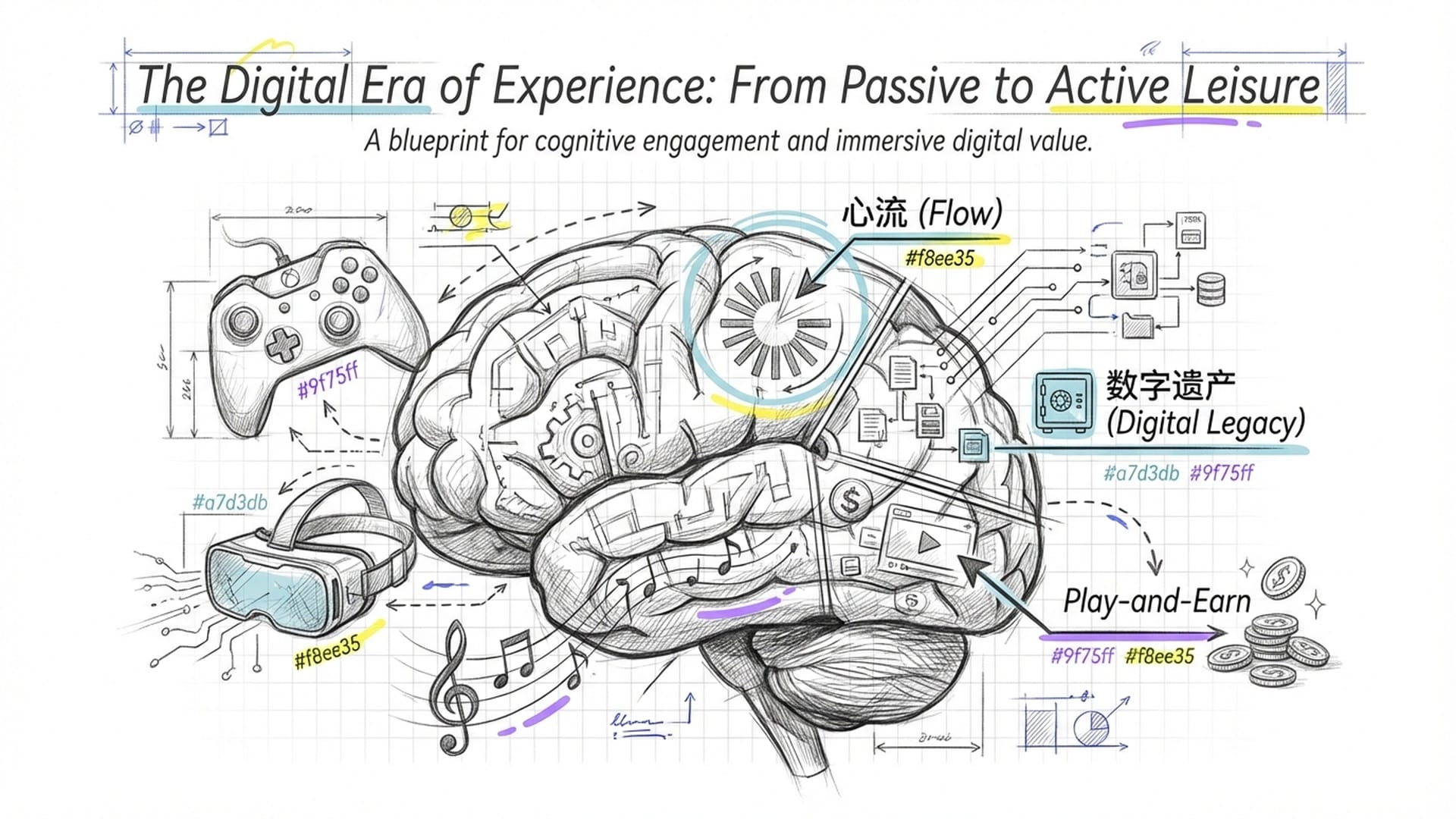 大脑结构的数字艺术，内部融入了游戏手柄、VR眼镜和乐谱。象征主动休闲和心流体验。