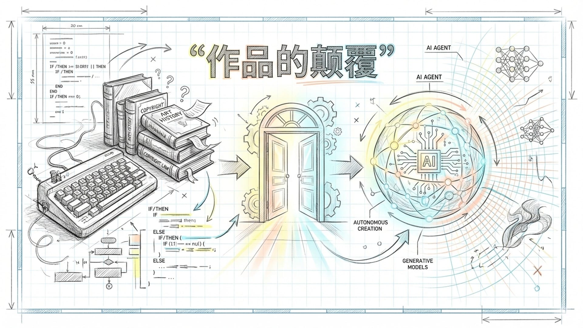一扇发光的门，门内是无限延伸的逻辑网络，对比门外传统的陈旧办公室。象征对作品定义的颠覆。