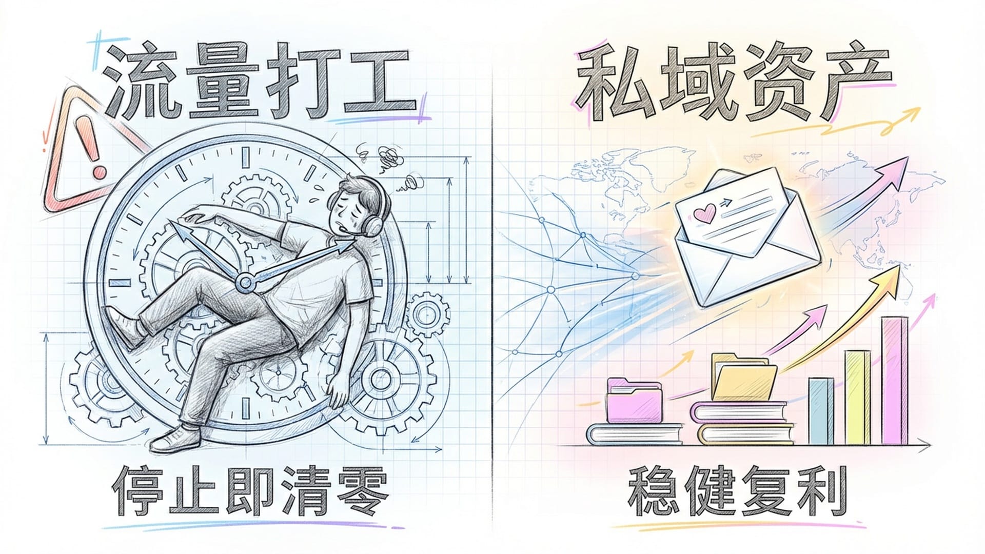 一个主播被锁在时钟的齿轮里（流量陷阱），对比一封自由飞翔的数字邮件。警示流量不等于资产。