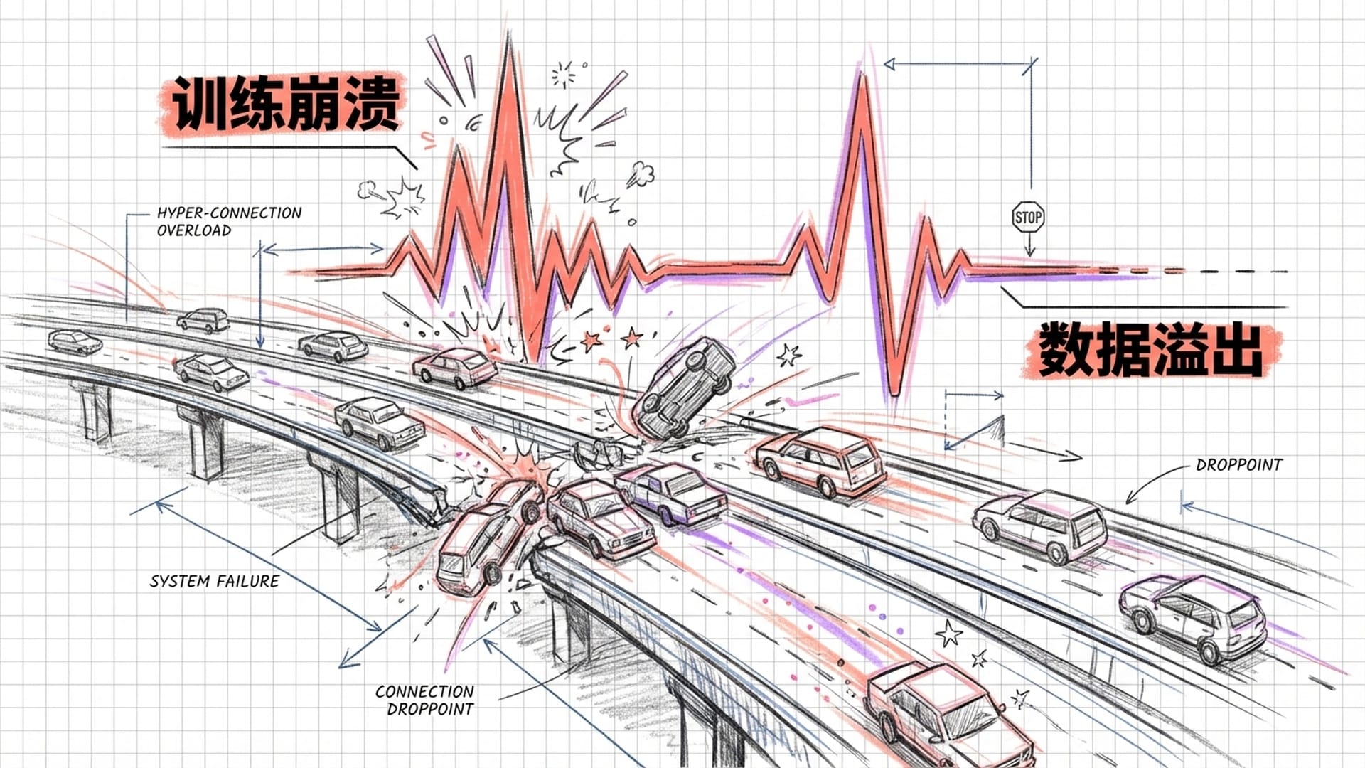 多车道公路发生连环车祸，车辆飞出路面，背景是杂乱跳动的红色脉冲波形图。