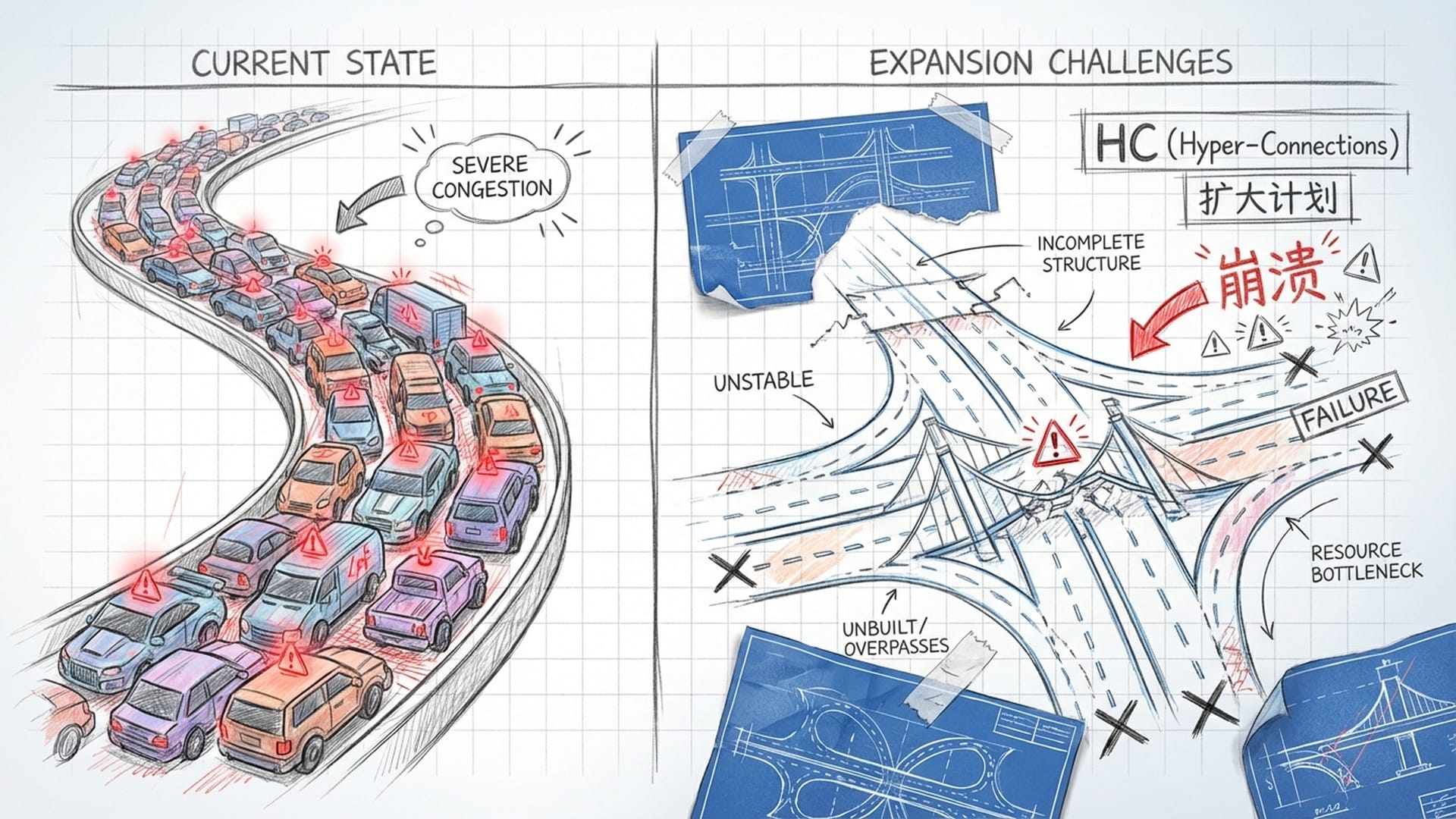 单车道高速公路发生严重拥堵，无数赛博风格的车辆卡死。右侧出现尝试扩建多车道的草图，但线条杂乱无章。