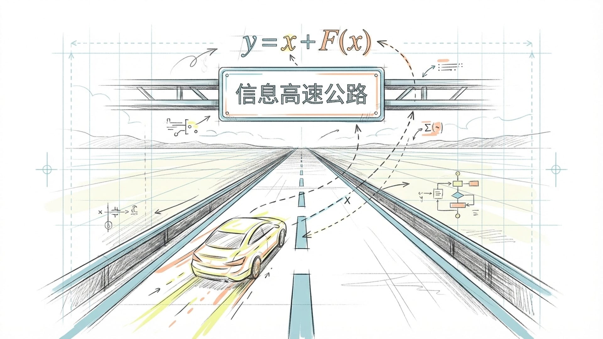 宽阔笔直的单车道高速公路，标志牌写着“残差连接”，一辆车急速行驶。画面简洁明亮。