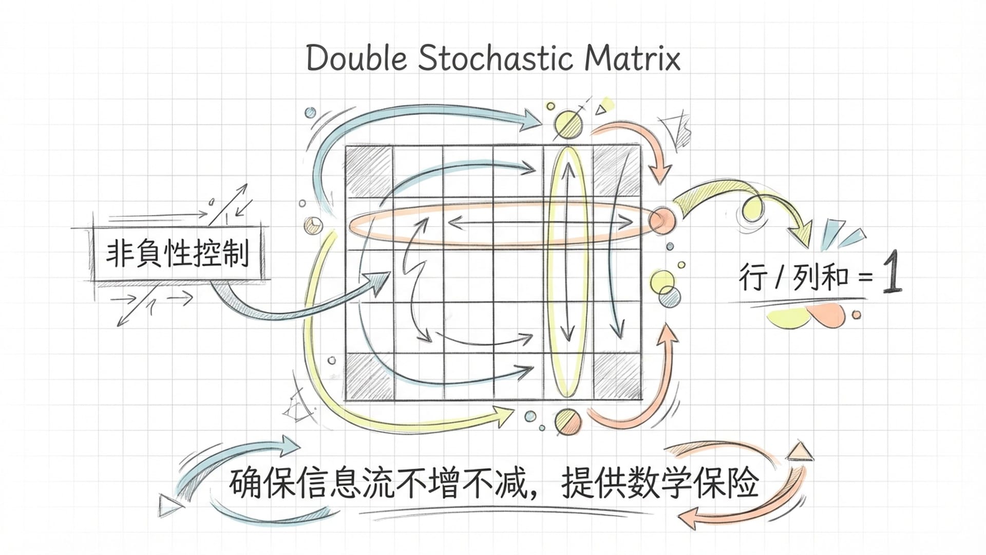 一个规整的矩阵方块，行列光线循环流动，展示“每行加和为1，每列加和为1”的视觉效果。