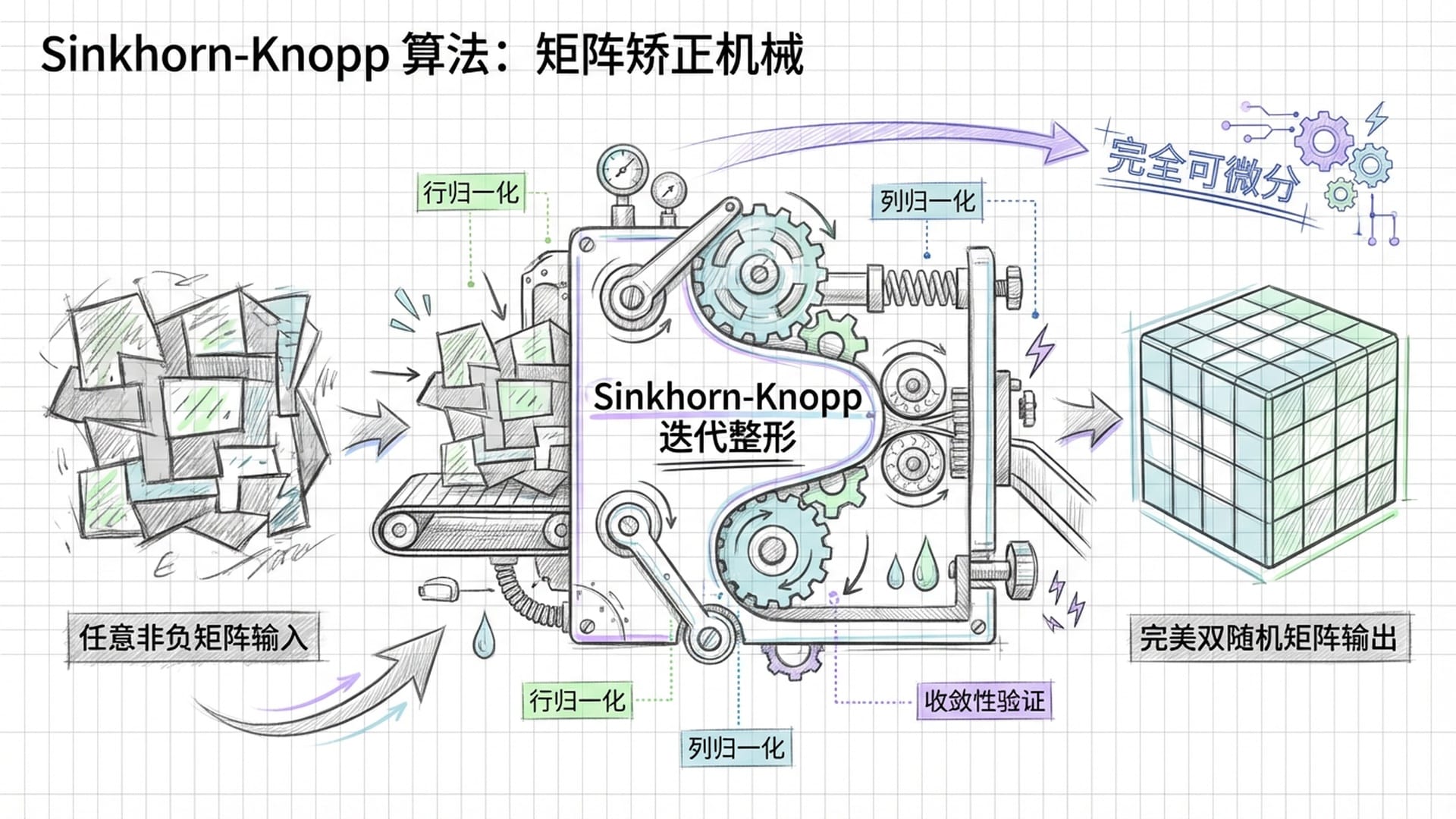 一个像是工业整形机的设备（Sinkhorn算法），将歪斜的几何体挤压成规整的立方体。