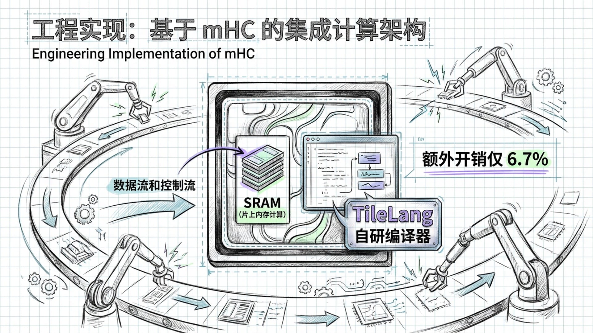 GPU芯片特写，周围环绕着类似超级工厂的自动化流水线。TileLang 字体带有金属质感。