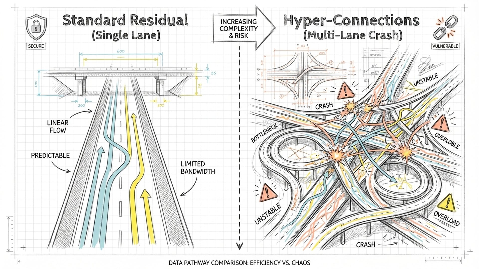 Comparison of a single-lane highway (Residual Connection) versus a multi-lane super-network (Hyper-Connections) with chaotic red alerts on the wide road.