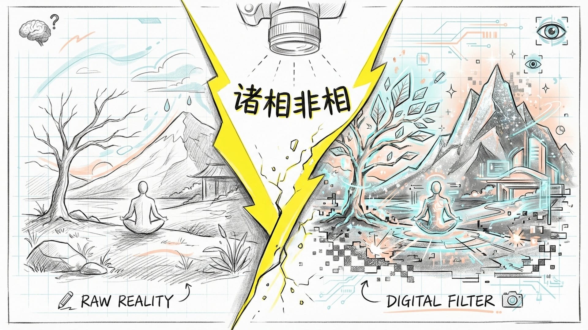 一个镜头后面真实的世界与手机屏幕里通过滤镜美化后的世界。滤镜边缘正在剥落，露出本来面目。象征‘非相’。