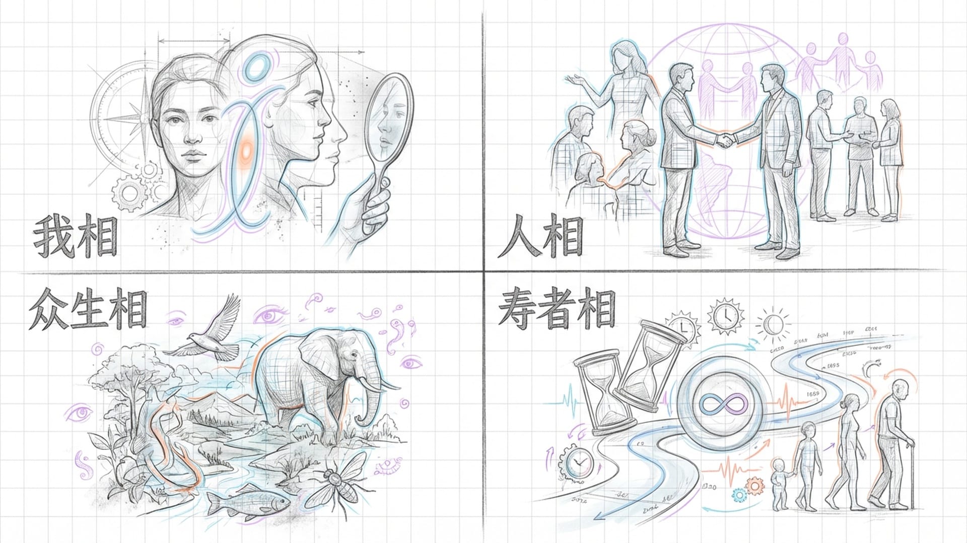 一个四象限图，分别描绘四个透明的重叠幻影。‘我’（身体金钱）、‘人’（评价）、‘众生’（情感羁绊）、‘寿者’（生死恐惧）。