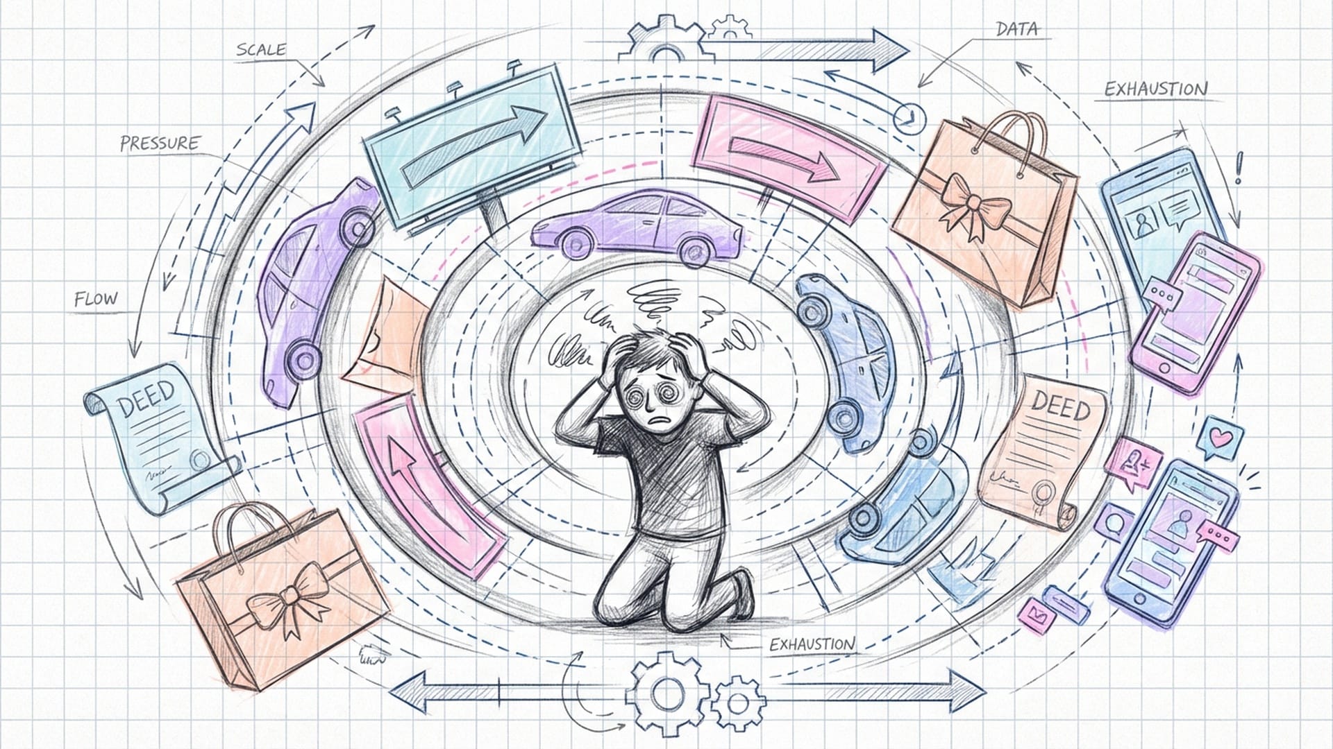 一个人在黑暗中被无数旋转的广告牌、奢侈品包、豪车、房产证和闪烁的手机屏幕包围，眼神迷茫和疲惫，面部光影呈现出强烈的对比。