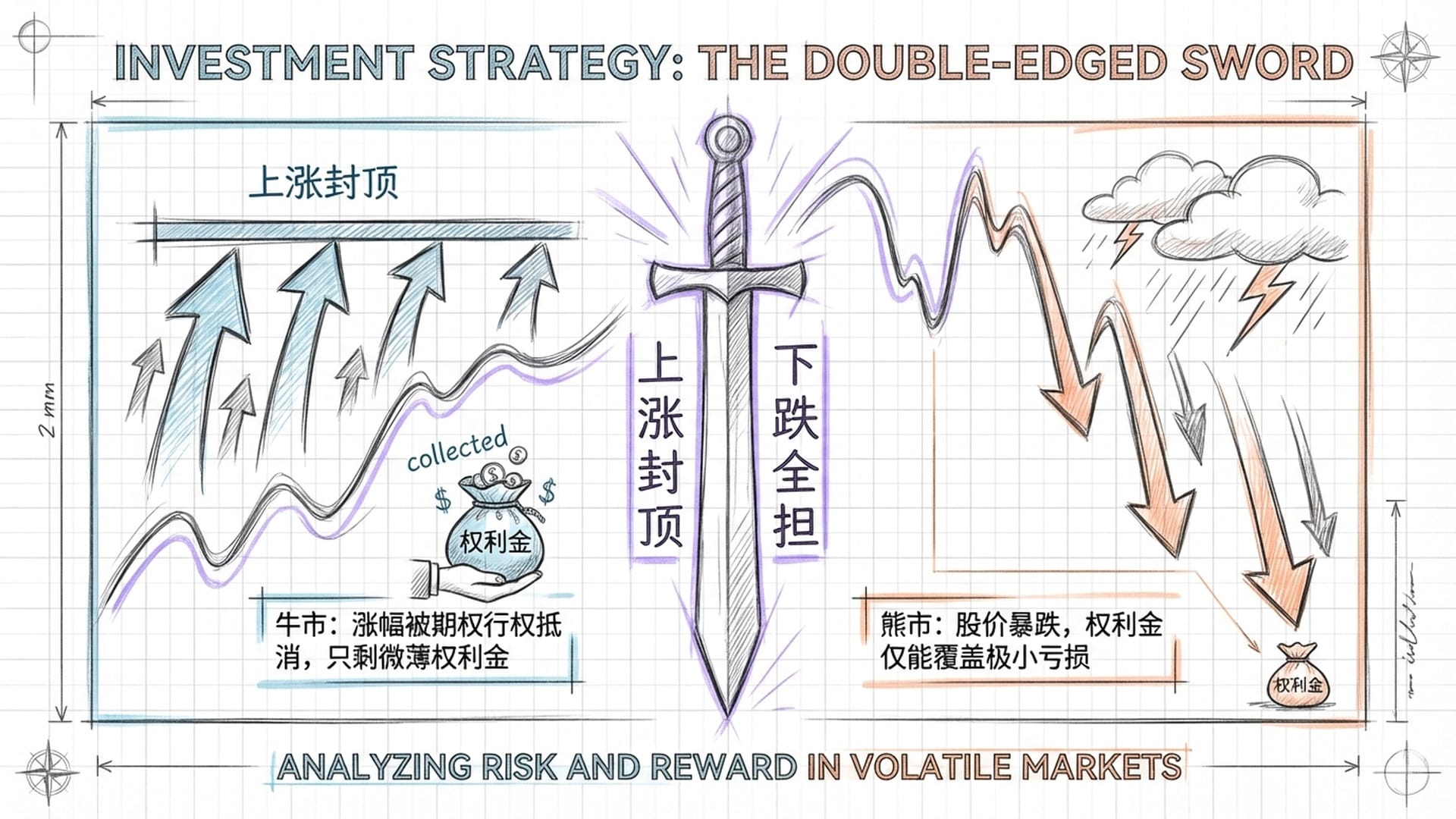 一把双刃剑，一面刻着“上涨封顶”，一面刻着“下跌全担”。背景是波动的指数曲线。