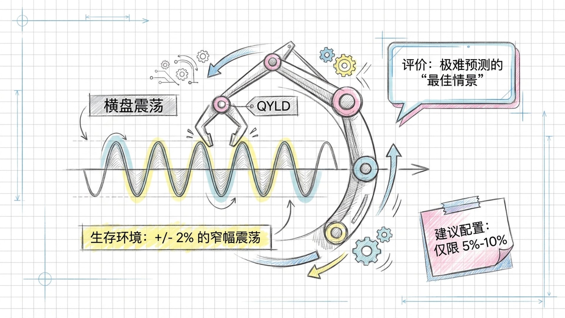 横盘震荡的波浪线，QYLD在波峰波谷间精准收割。这是它唯一的获胜场景。