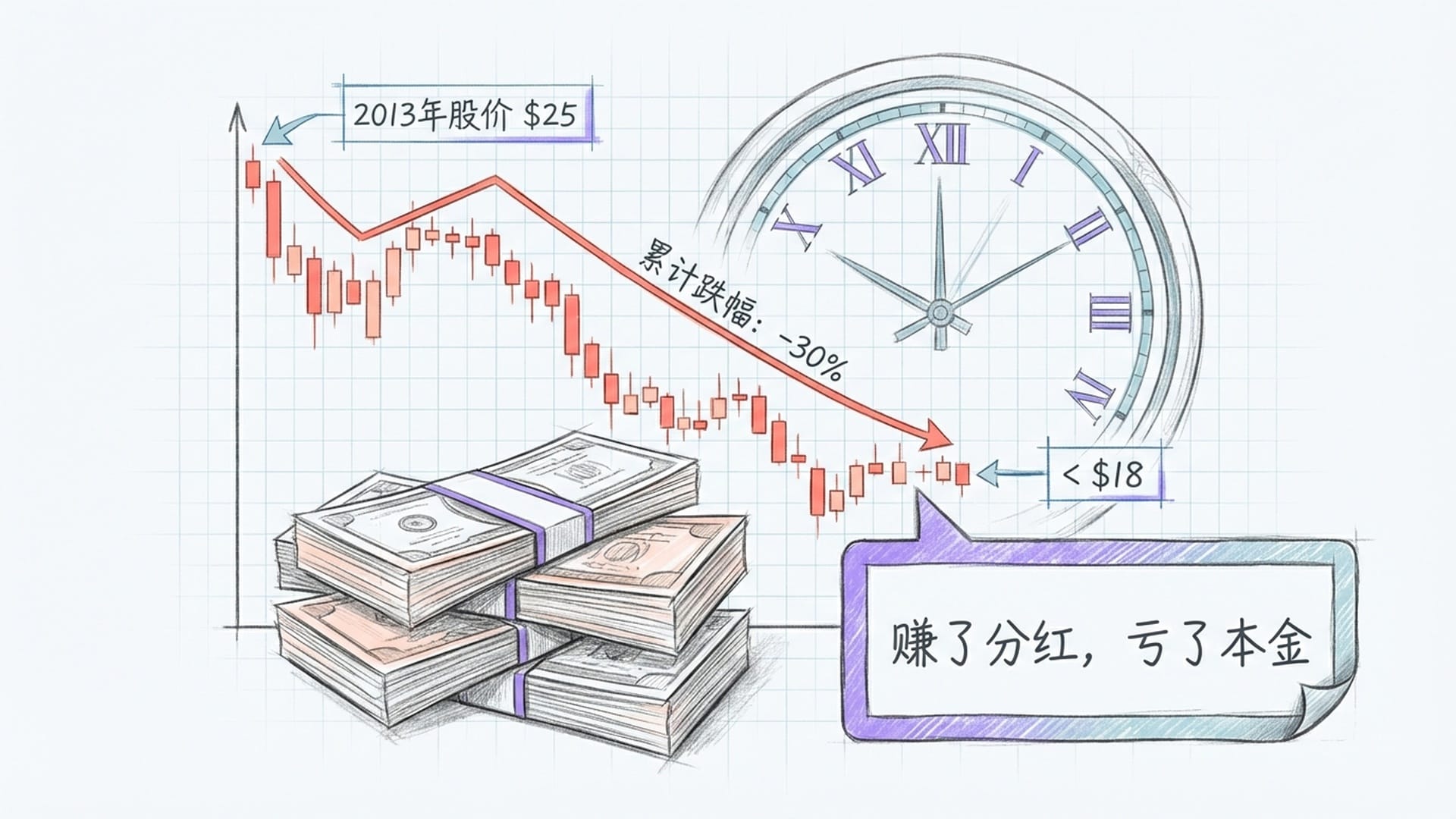 一条不断下滑的红色K线图，与一叠叠发放的分红现金形成对比。背景是时钟，象征十年跨度。