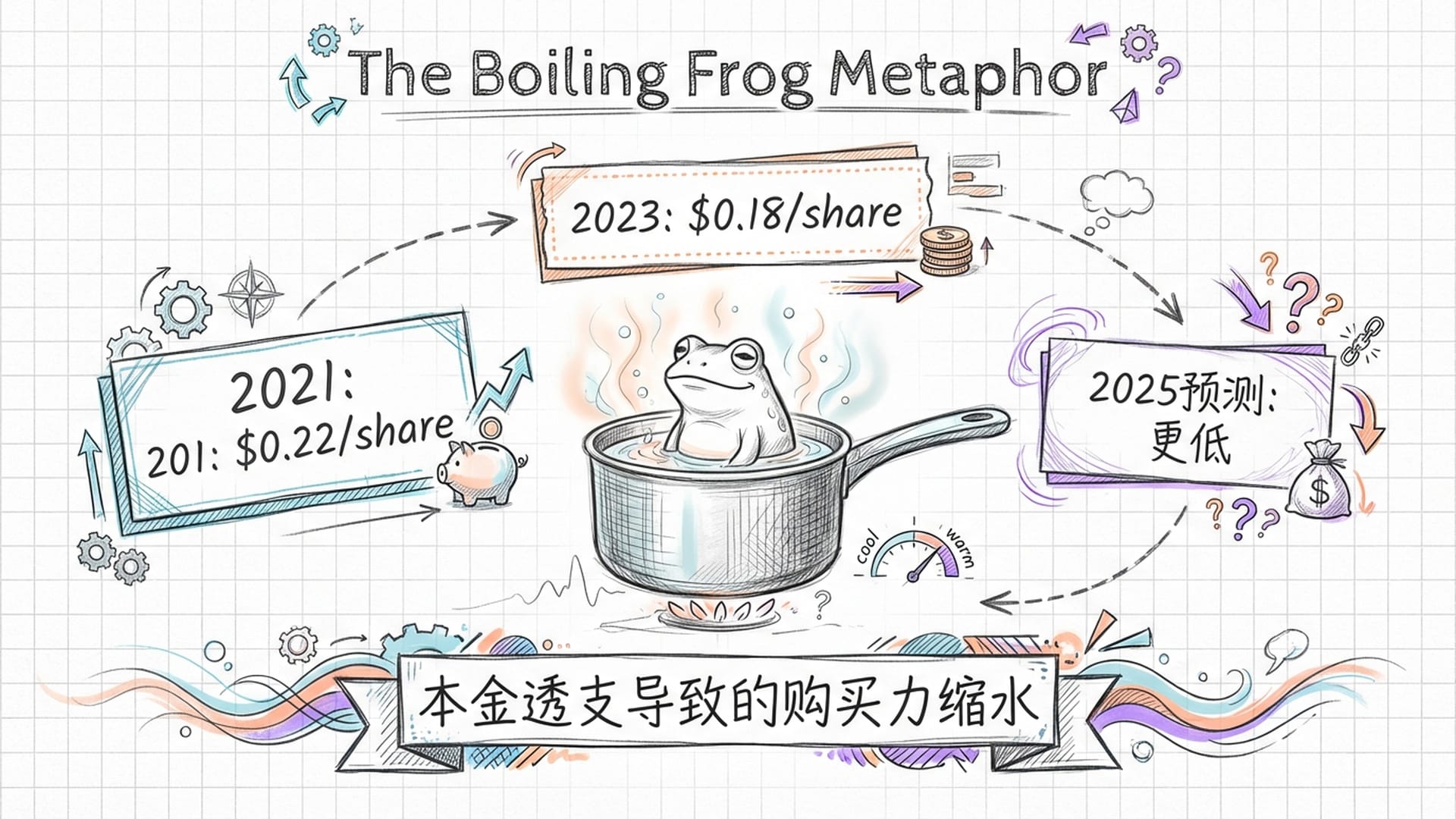 一只坐在温水锅里的青蛙，外面的分红金额标签在逐年缩小(两毛 -> 一毛八 -> 一毛六)。