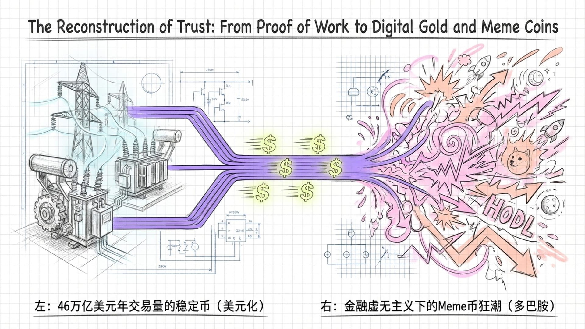 一个充满电火花的变电站连接着全球转账网络,美元符号在加密铁路上飞速飞驰,四周是Meme币的狂乱海洋。