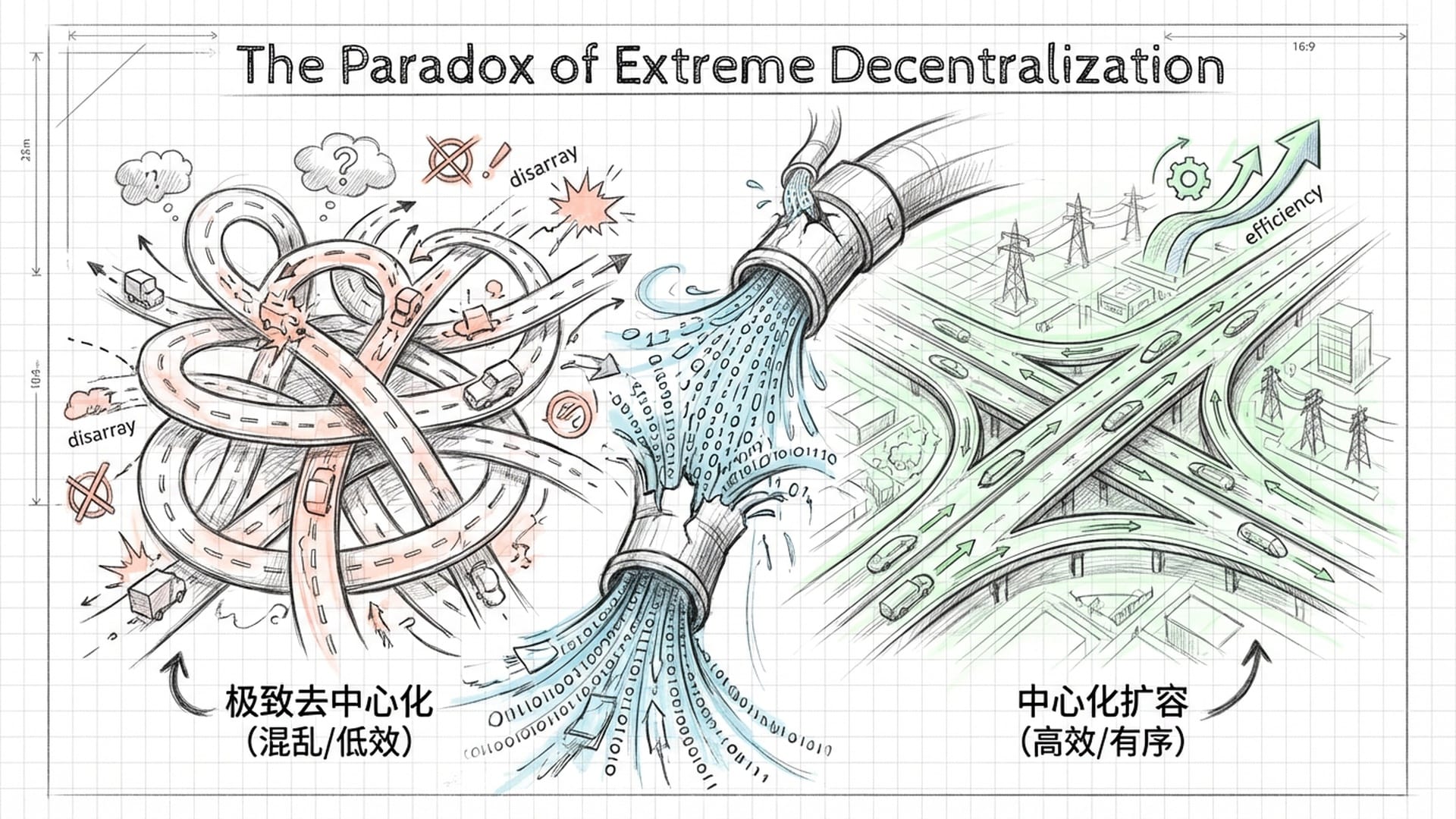 一个复杂的城市交通图,没有红绿灯的道路交汇处一团混乱,排水管因为超负荷正在炸裂。