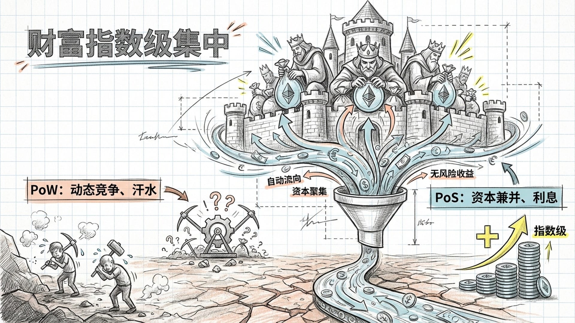 一群拿着ETH的领主坐在高耸的城堡上(PoS),城堡下方是干涸的土地,财富像利息一样自动向城堡汇聚。