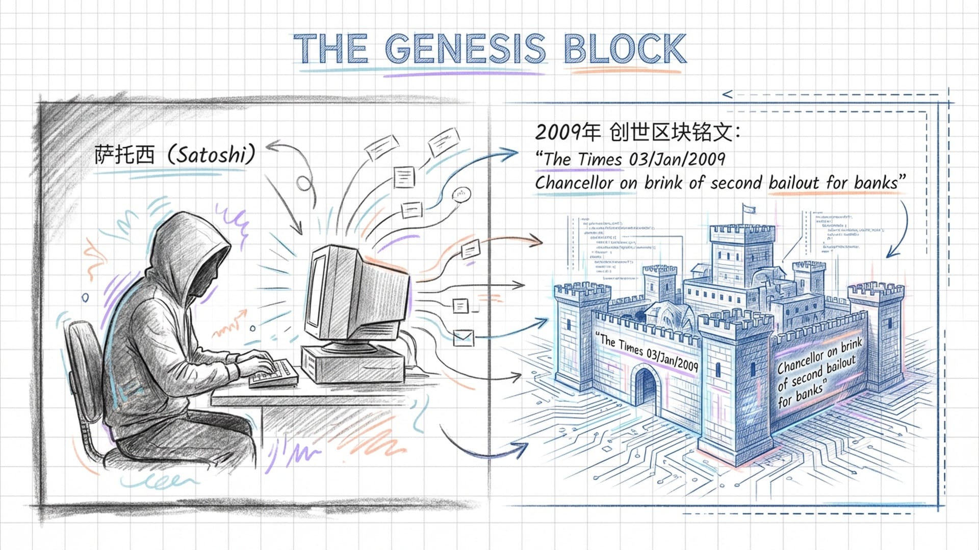 中本聪的剪影正在电脑前编程,代码逐渐化作古堡般的堡垒,城墙上刻着创世区块的铭文。