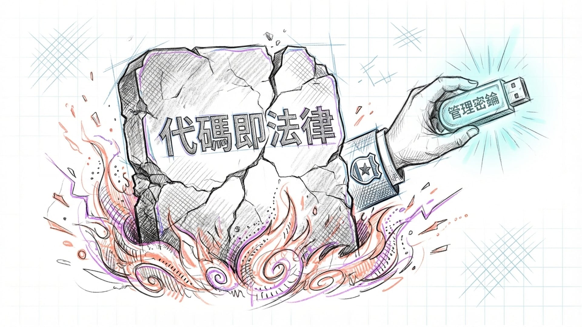 一个刻着‘Code is Law’的石碑出现裂纹,一只戴着监管袖章的手正从石碑后面拿走一把写着‘Admin Key’的钥匙。