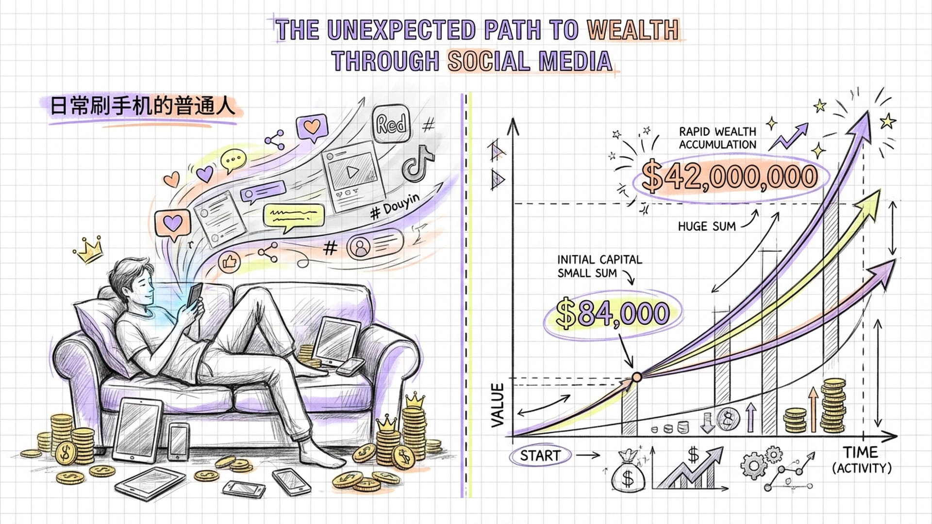 一个人在沙发上刷视频，身边堆满了手机和金币，背景是散落的小红书和抖音动态画面。